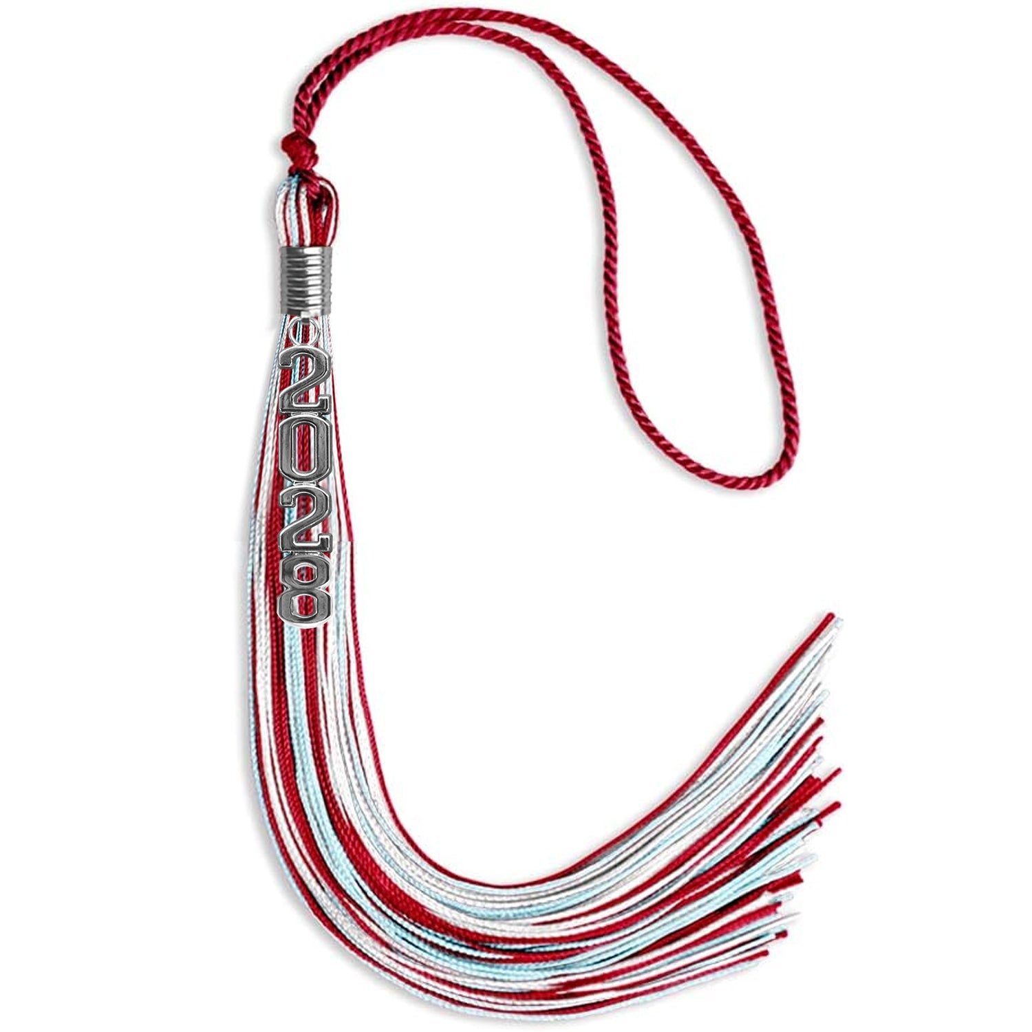 Red/Light Blue/White Mixed Color Graduation Tassel with Silver Stacked Date Drop - Endea Graduation