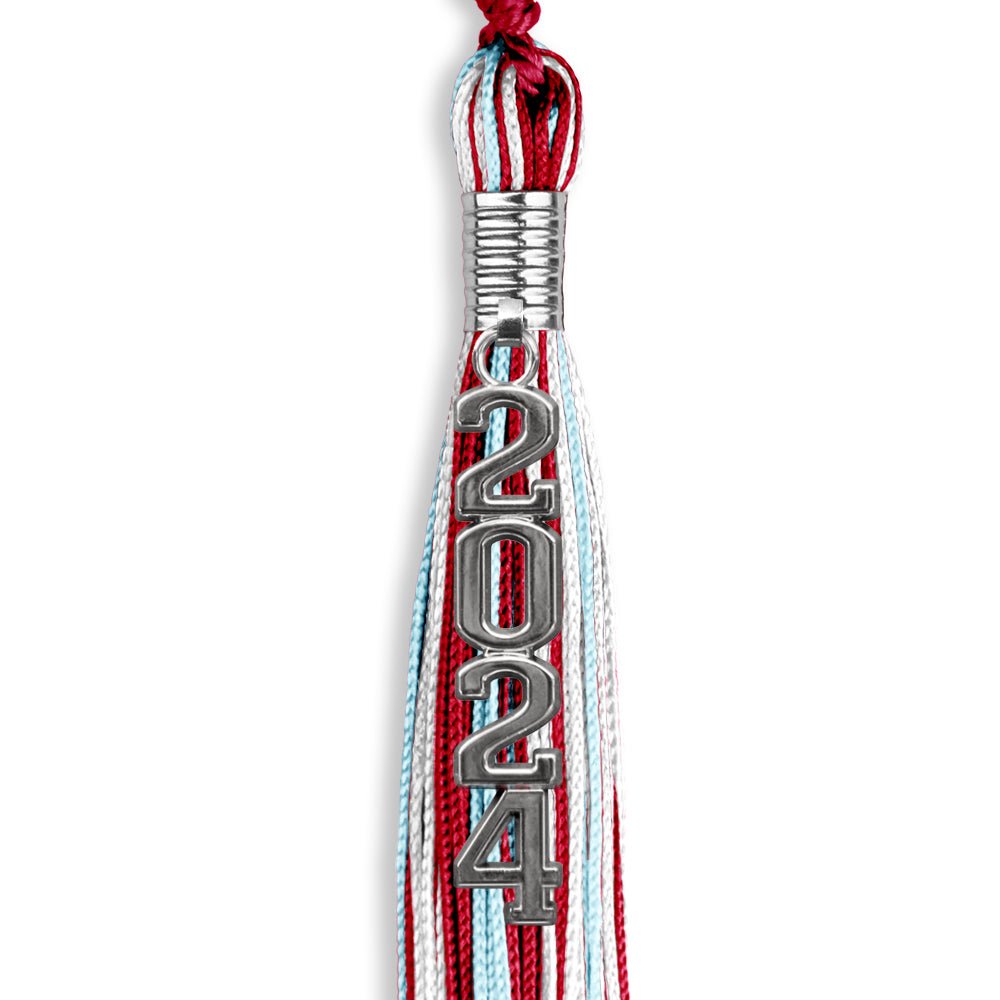 Red/Light Blue/White Mixed Color Graduation Tassel with Silver Stacked Date Drop - Endea Graduation