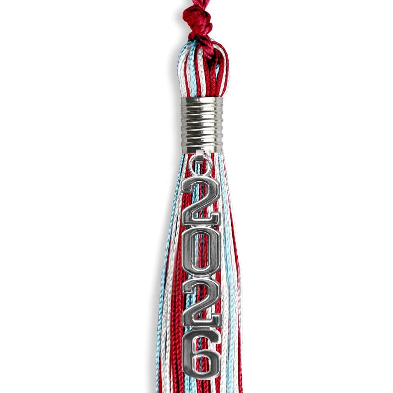 Red/Light Blue/White Mixed Color Graduation Tassel with Silver Stacked Date Drop - Endea Graduation