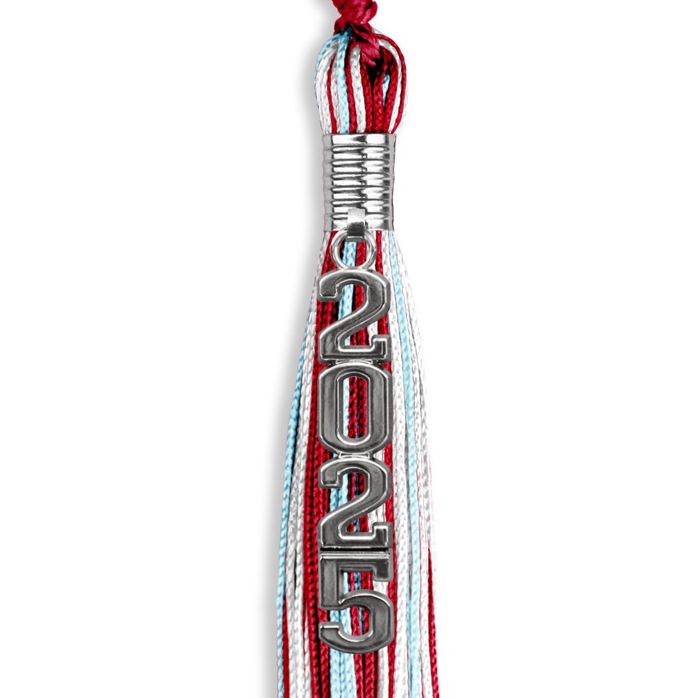 Red/Light Blue/White Mixed Color Graduation Tassel with Silver Stacked Date Drop - Endea Graduation