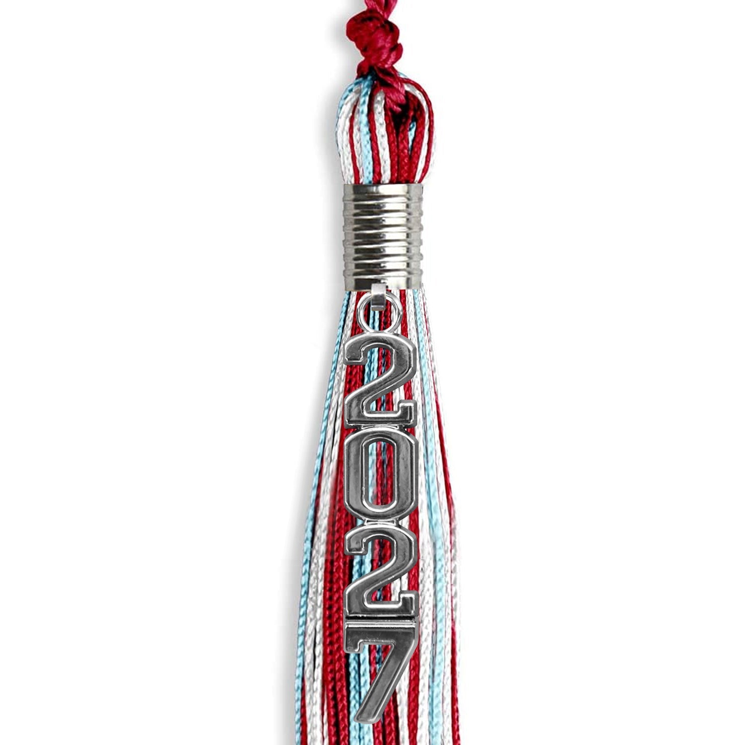 Red/Light Blue/White Mixed Color Graduation Tassel with Silver Stacked Date Drop - Endea Graduation