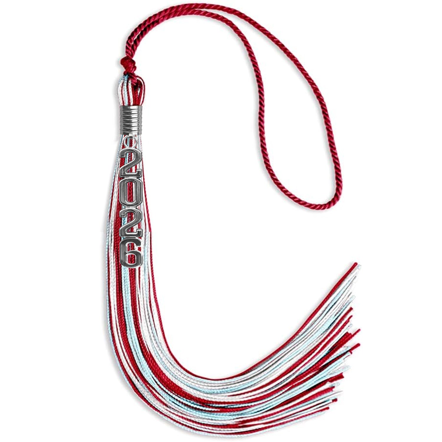 Red/Light Blue/White Mixed Color Graduation Tassel with Silver Stacked Date Drop - Endea Graduation