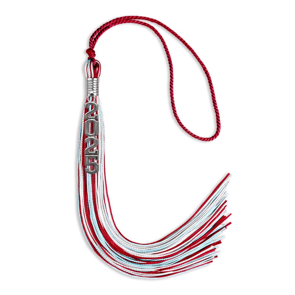 Red/Light Blue/White Mixed Color Graduation Tassel with Silver Stacked Date Drop - Endea Graduation