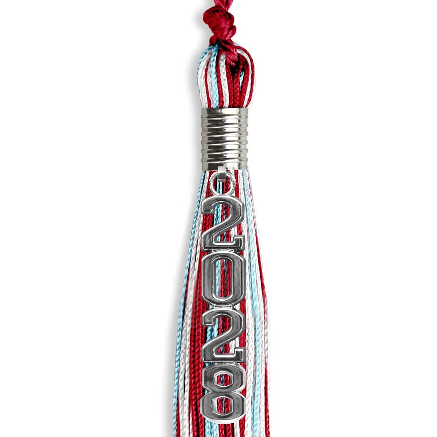 Red/Light Blue/White Mixed Color Graduation Tassel with Silver Stacked Date Drop - Endea Graduation