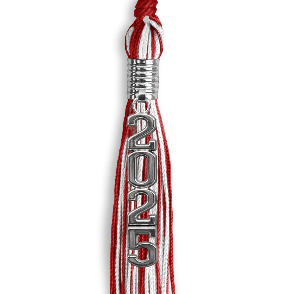 Red/White Mixed Color Graduation Tassel with Stacked Silver Date Drop - Endea Graduation