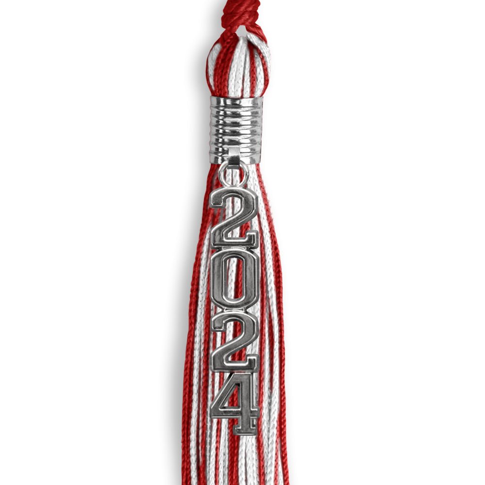 Red/White Mixed Color Graduation Tassel with Stacked Silver Date Drop - Endea Graduation