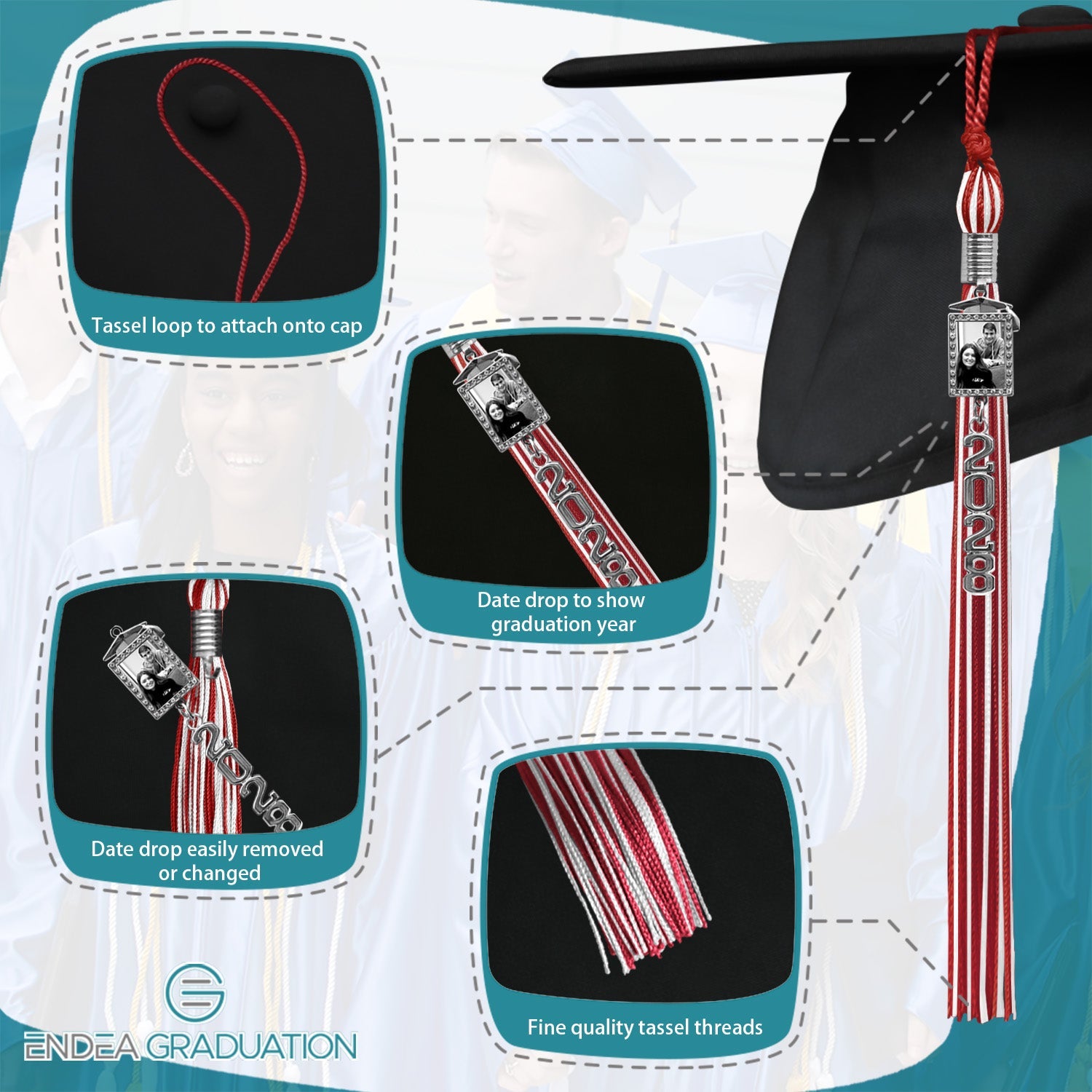 Red/White Tassel with Photo Frame Charm and Stacked Date Drop - Endea Graduation