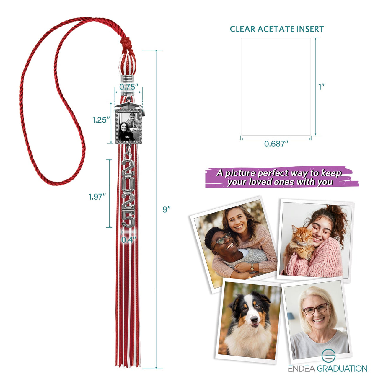 Red/White Tassel with Photo Frame Charm and Stacked Date Drop - Endea Graduation