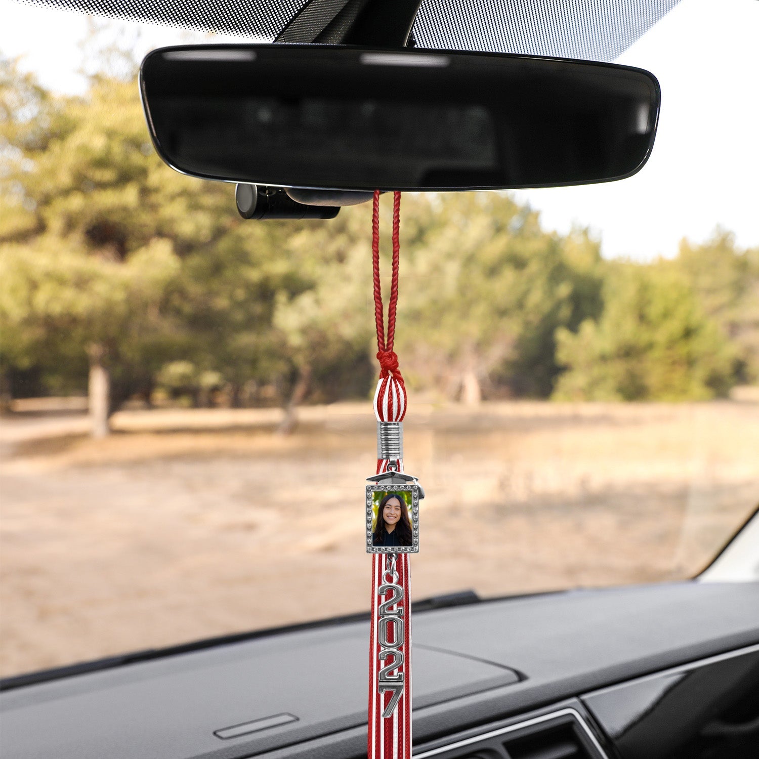Red/White Tassel with Photo Frame Charm and Stacked Date Drop - Endea Graduation