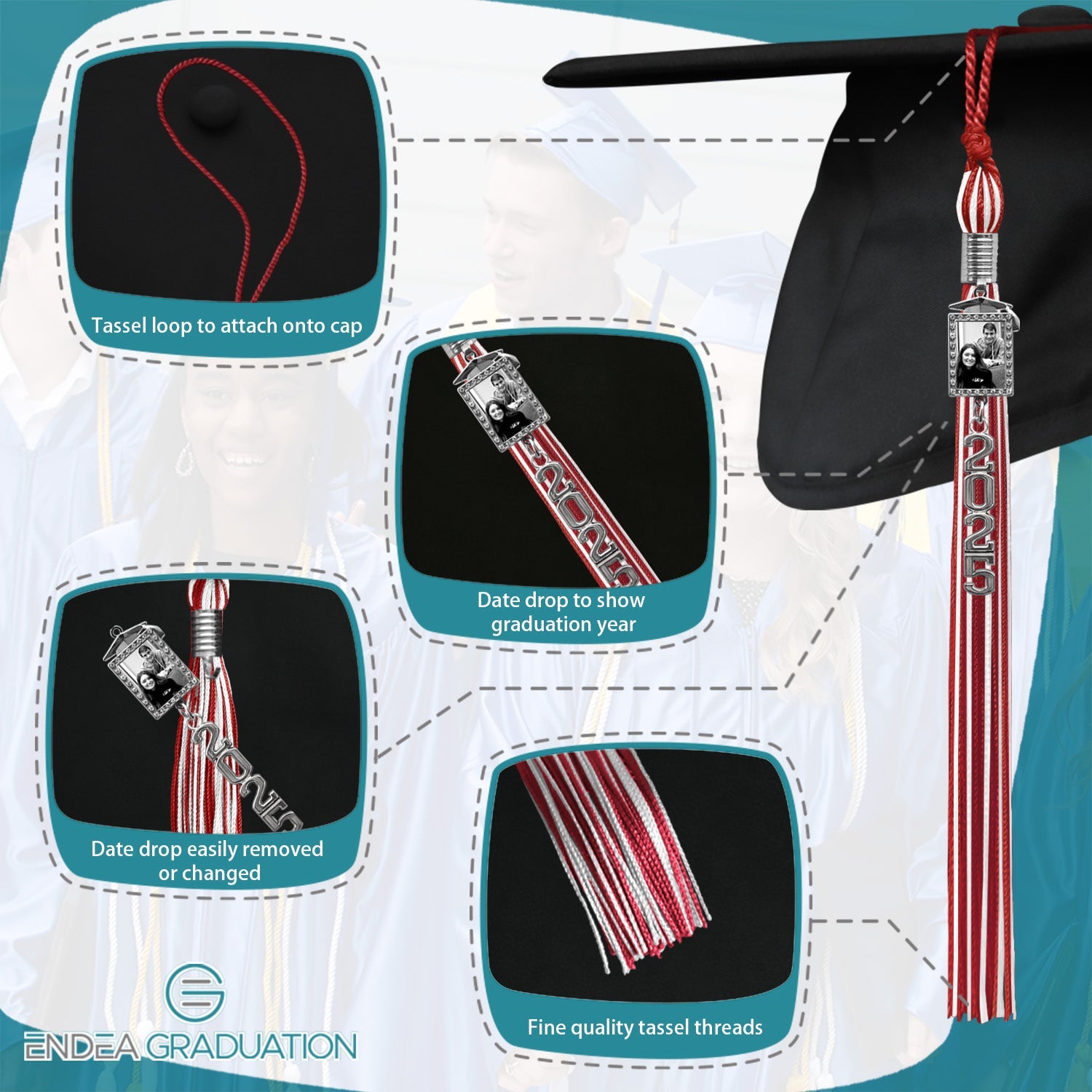 Red/White Tassel with Photo Frame Charm and Stacked Date Drop - Endea Graduation
