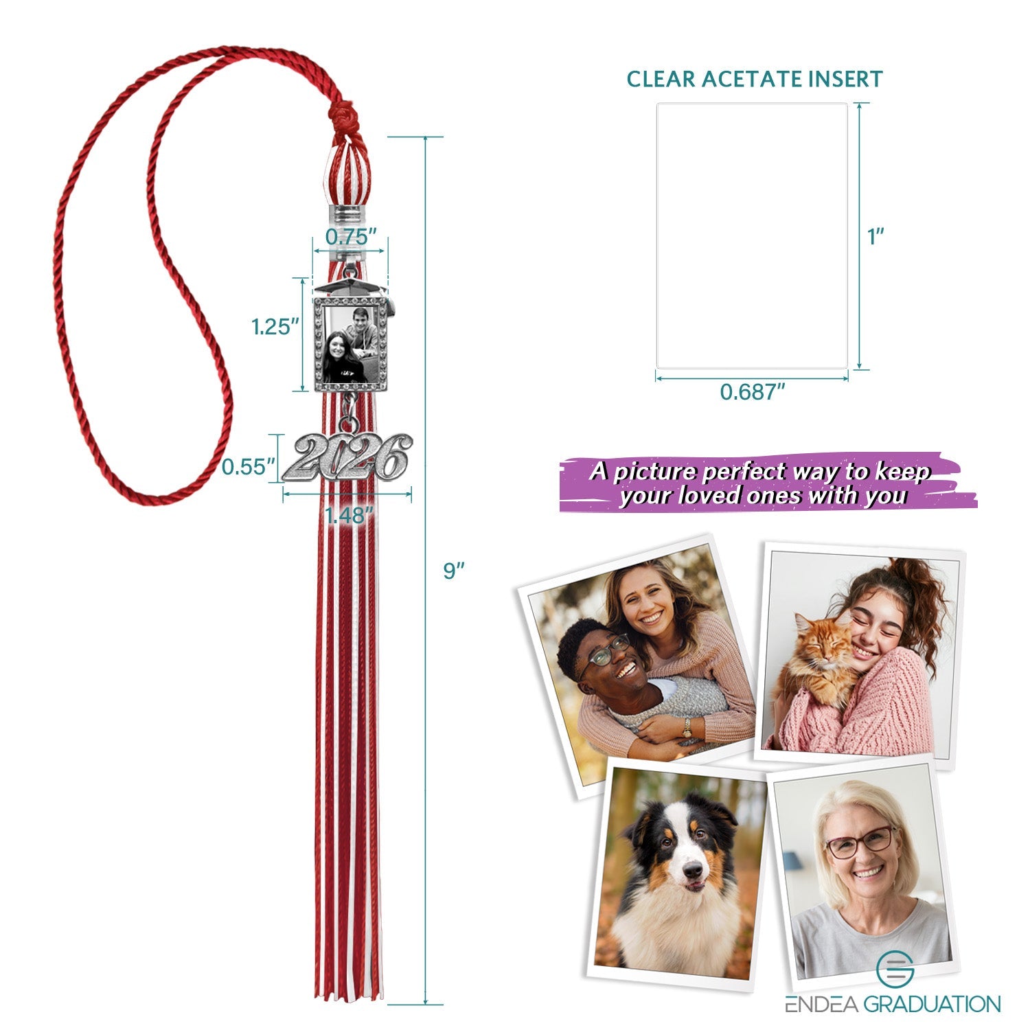 Red/White Tassel with Photo Frame Charm and Year Date Drop - Endea Graduation