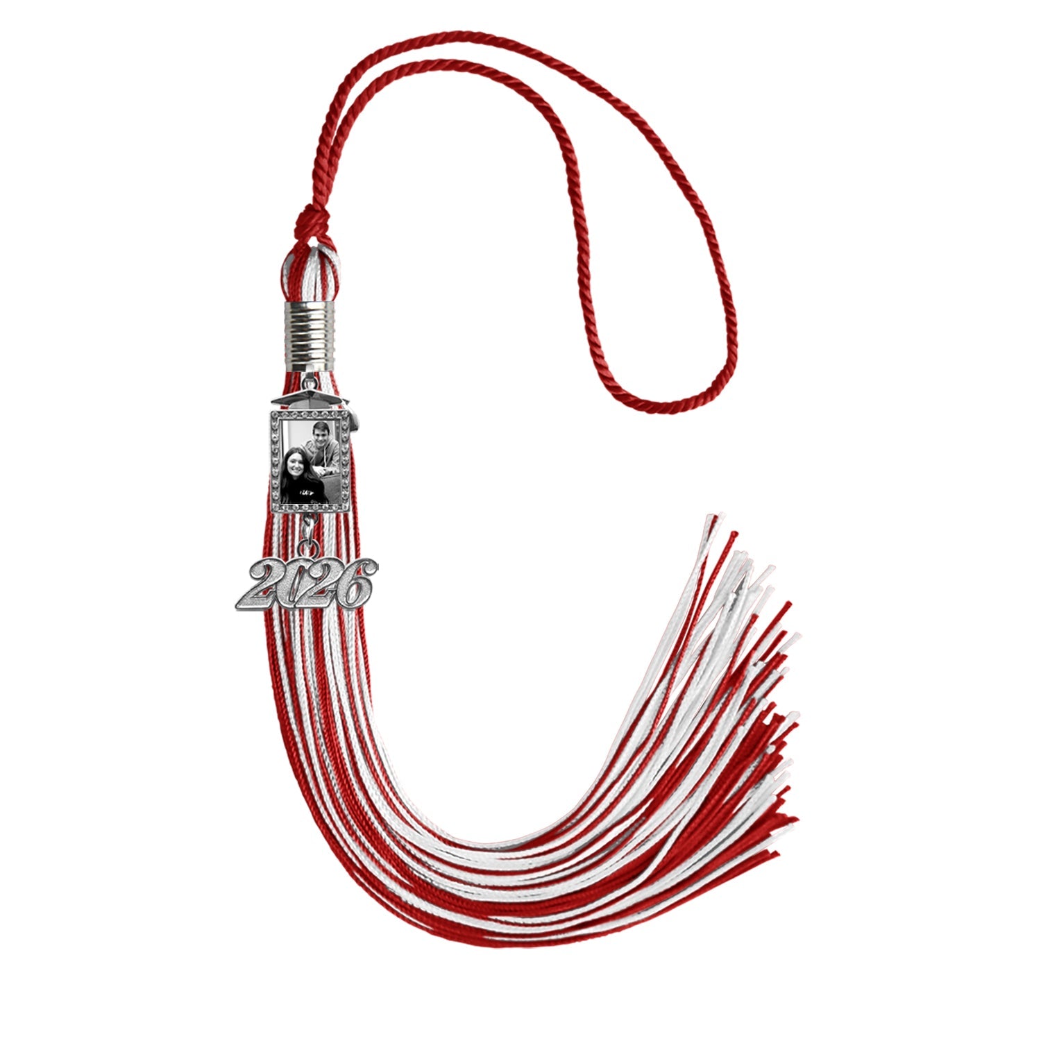 Red/White Tassel with Photo Frame Charm and Year Date Drop - Endea Graduation