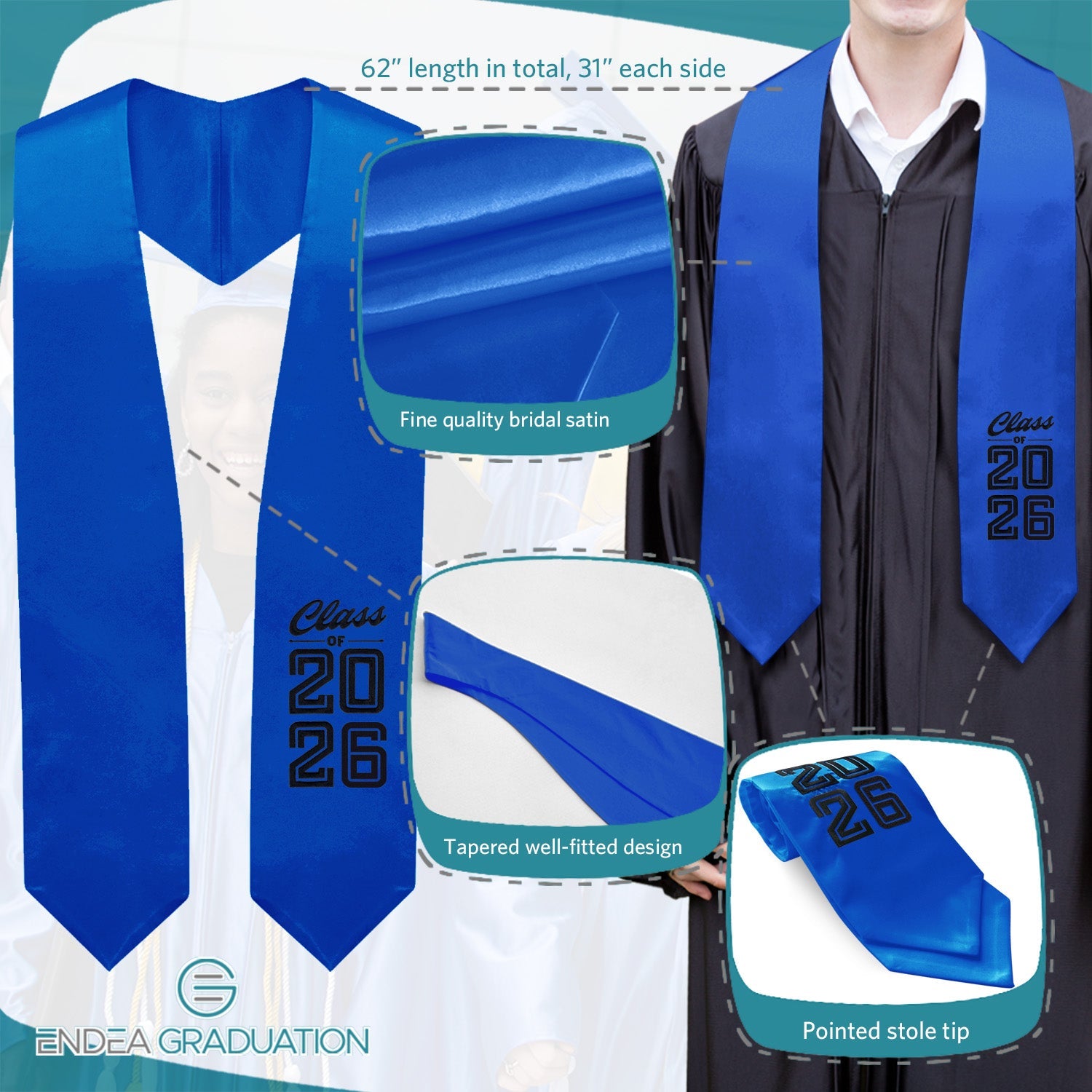 Royal Blue Class of 2026 Graduation Stole/Sash with Classic Tips - Endea Graduation