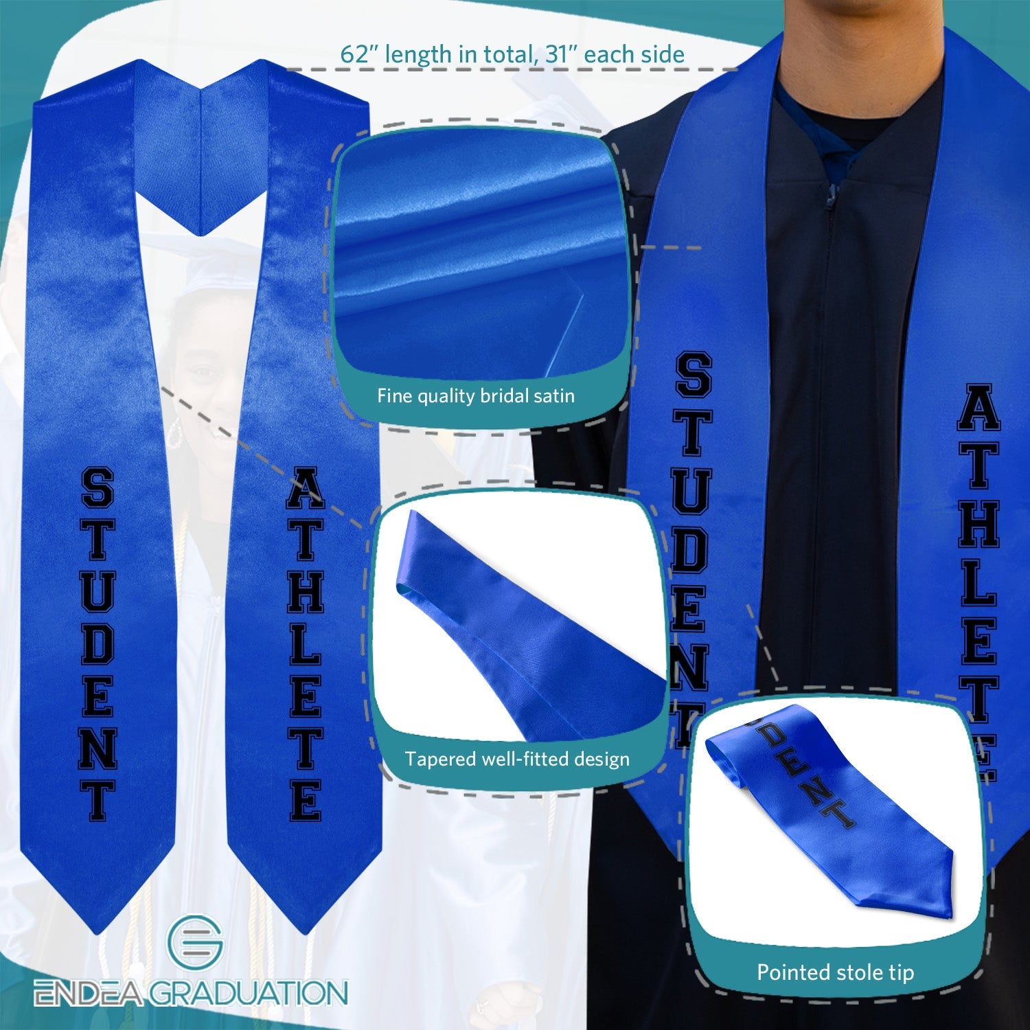 Royal Blue Student Athlete Graduate Stole/Sash with Classic Tips - Endea Graduation