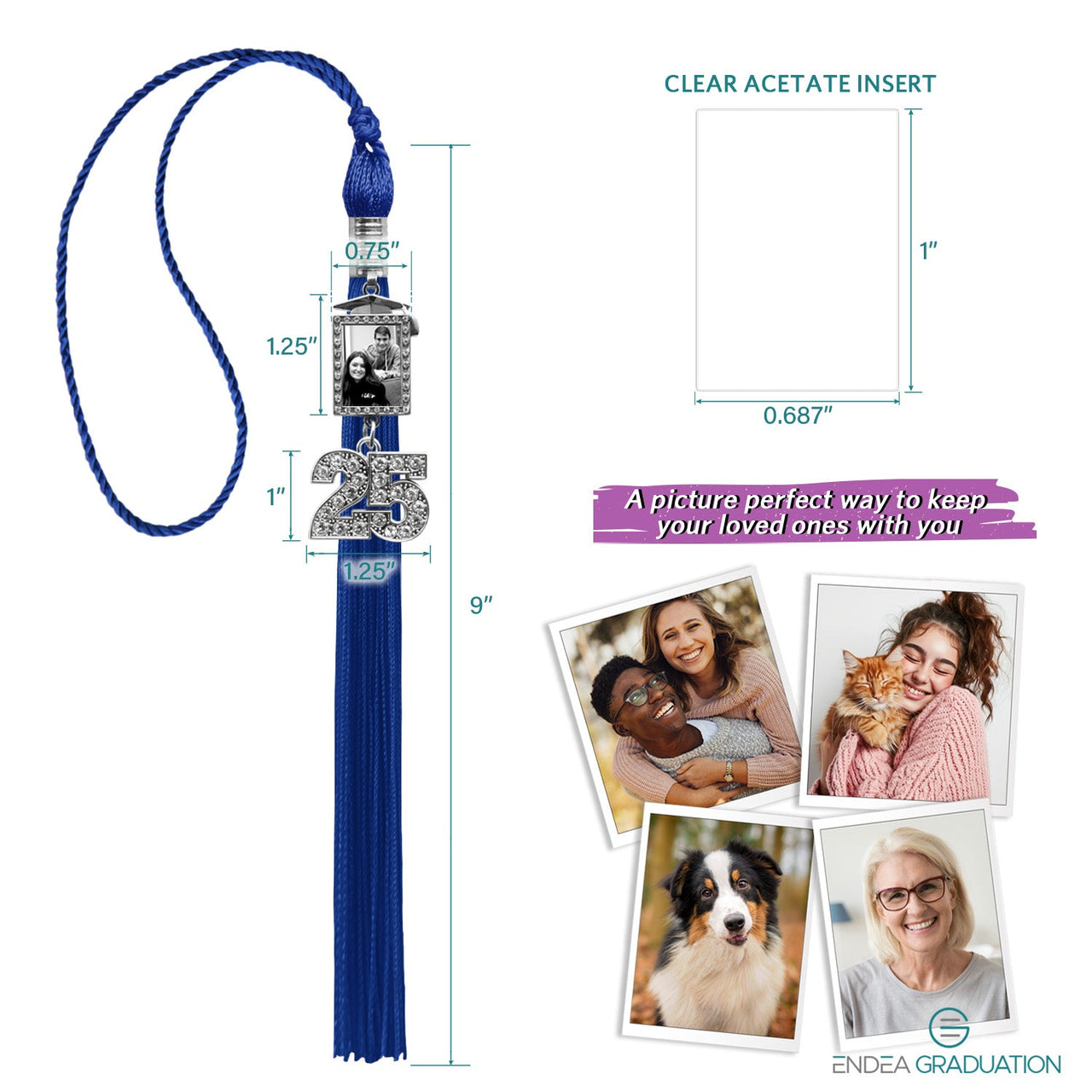 Royal Blue Tassel with Photo Frame Charm and Bling Charm - Endea Graduation