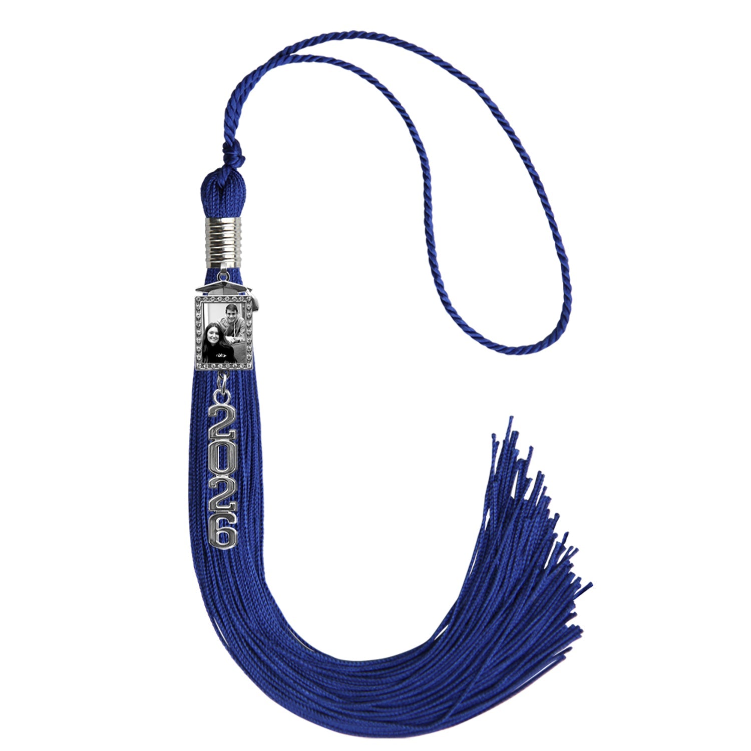 Royal Blue Tassel with Photo Frame Charm and Stacked Date Drop - Endea Graduation