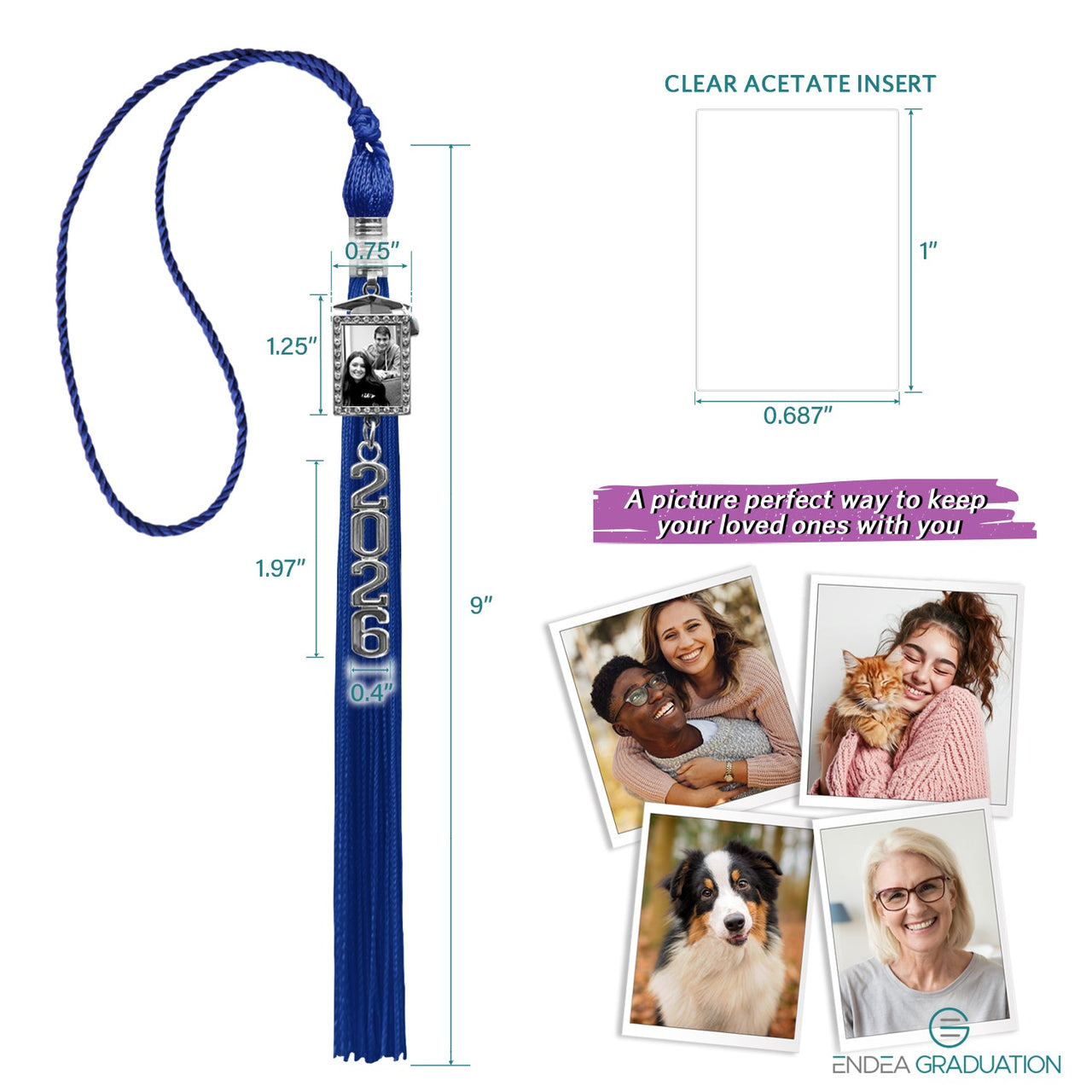 Royal Blue Tassel with Photo Frame Charm and Stacked Date Drop - Endea Graduation