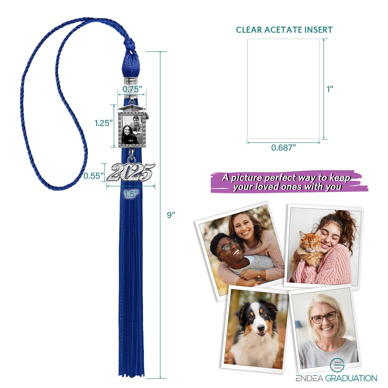 Royal Blue Tassel with Photo Frame Charm and Year Date Drop - Endea Graduation
