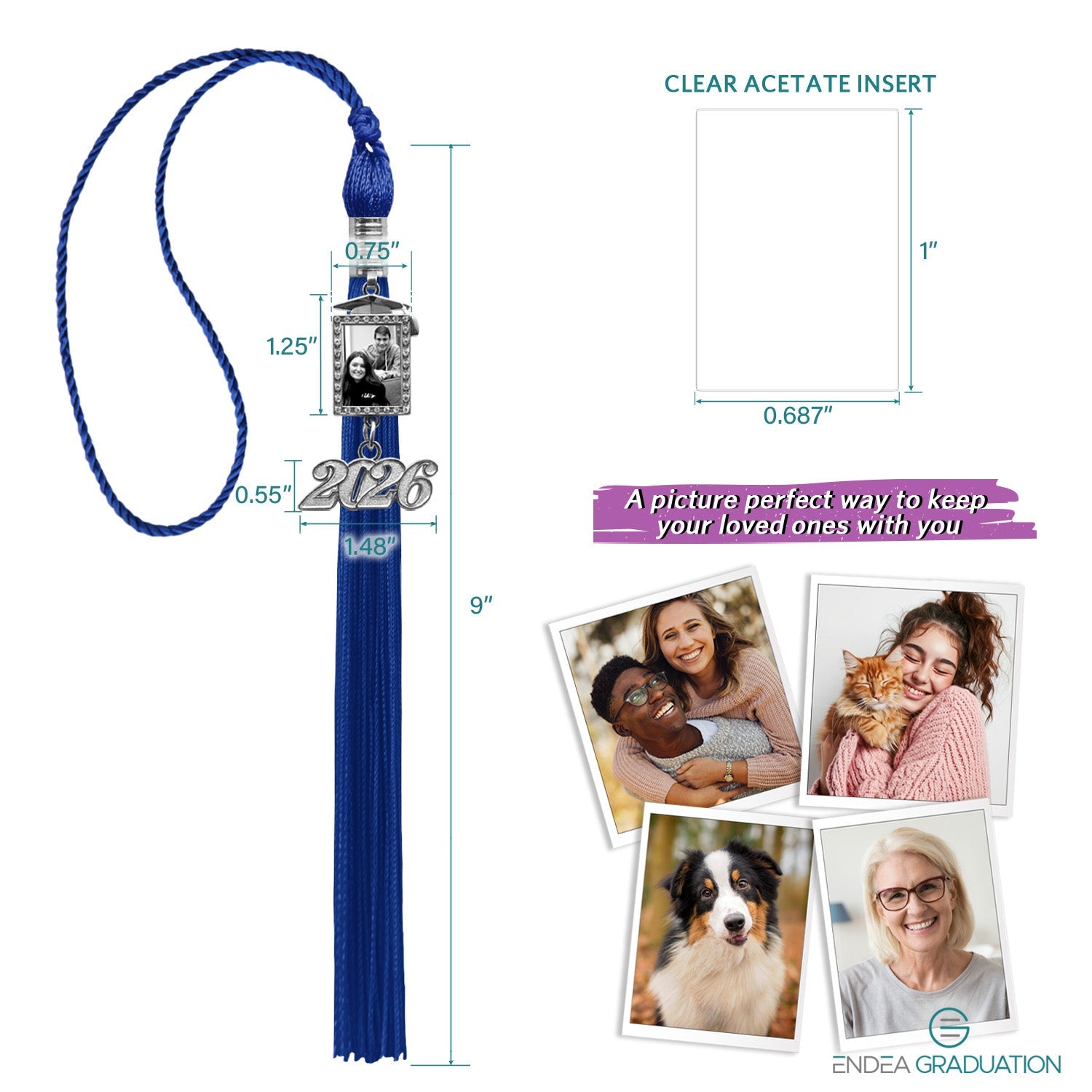 Royal Blue Tassel with Photo Frame Charm and Year Date Drop - Endea Graduation