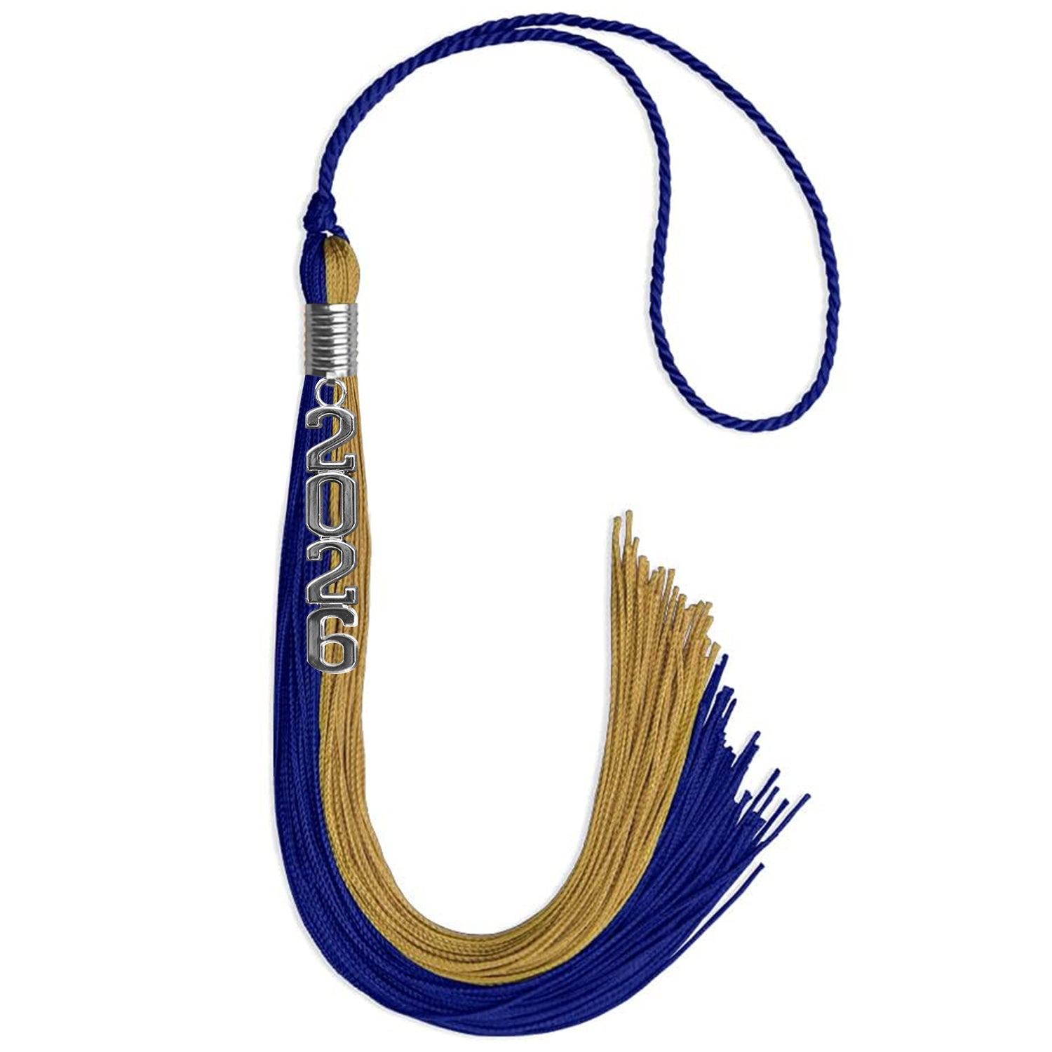 Royal Blue/Antique Gold Graduation Tassel with Silver Stacked Date Drop - Endea Graduation