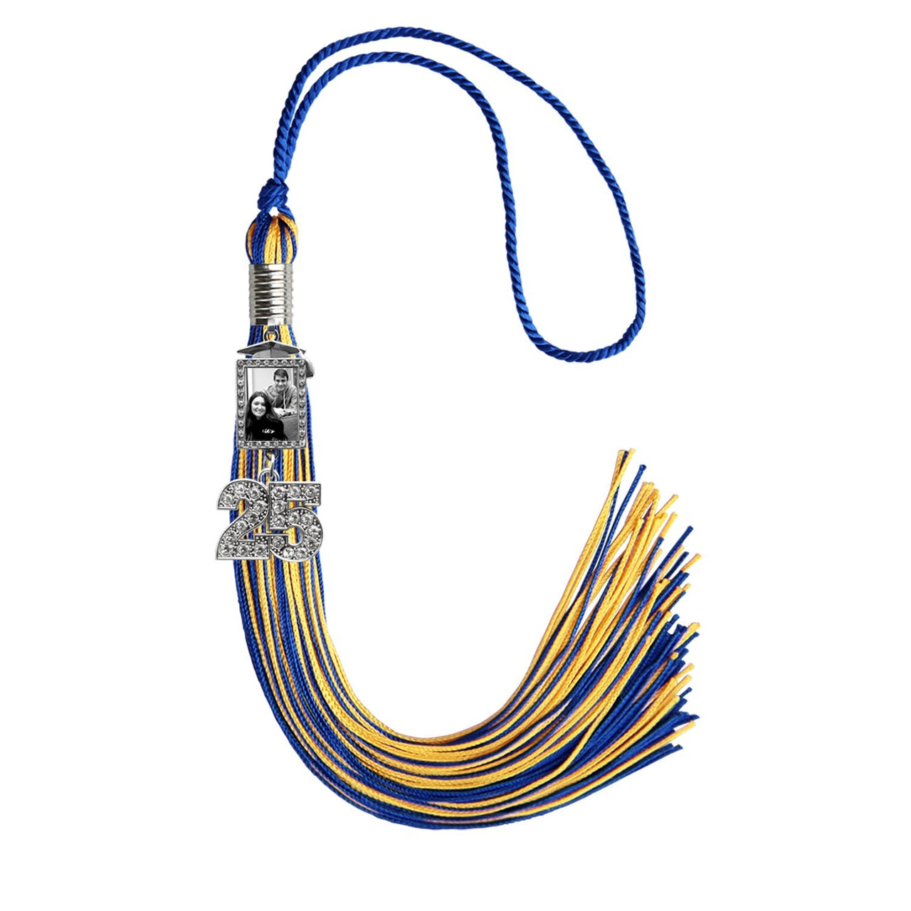 Royal Blue/Gold Tassel with Photo Frame Charm and Bling Charm - Endea Graduation