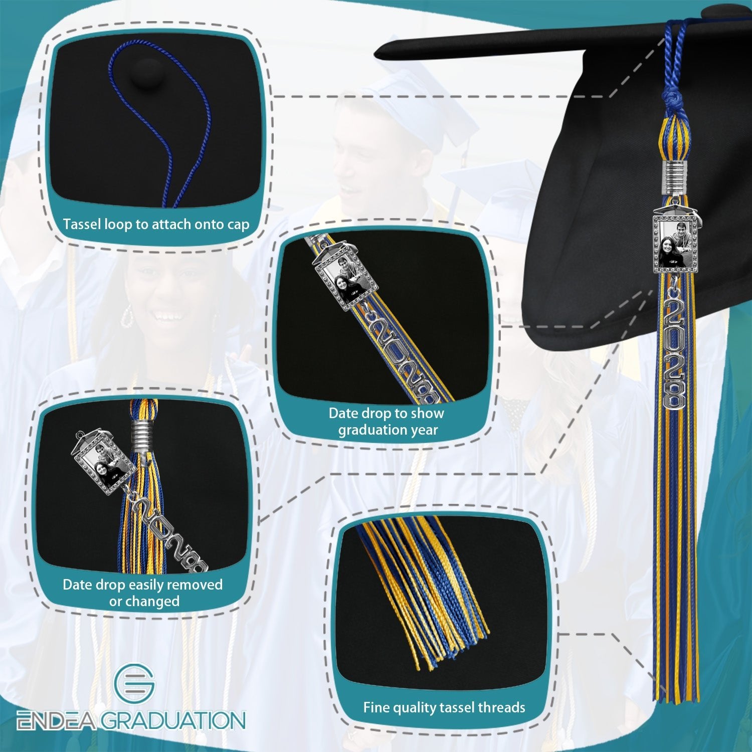 Royal Blue/Gold Tassel with Photo Frame Charm and Stacked Date Drop - Endea Graduation