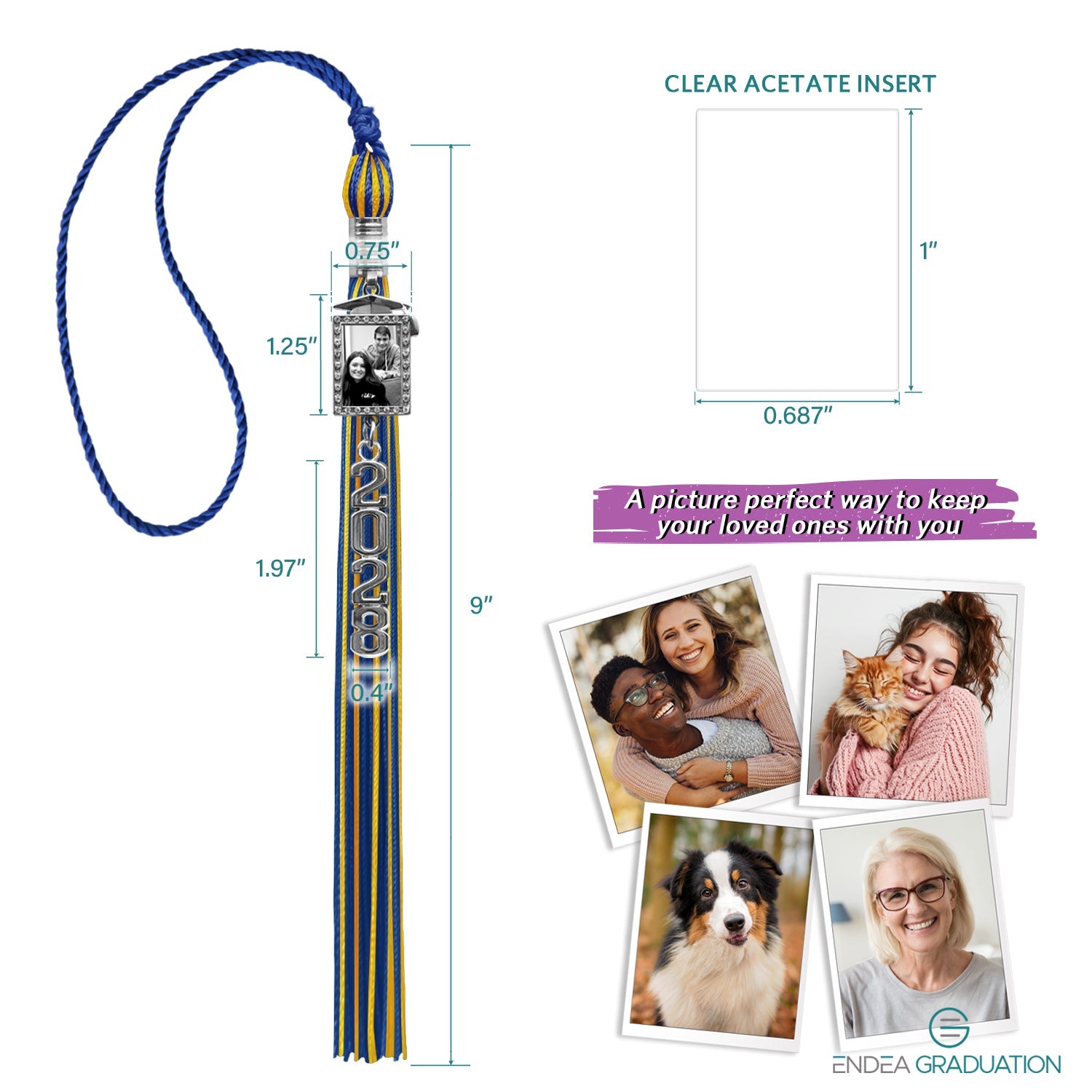 Royal Blue/Gold Tassel with Photo Frame Charm and Stacked Date Drop - Endea Graduation