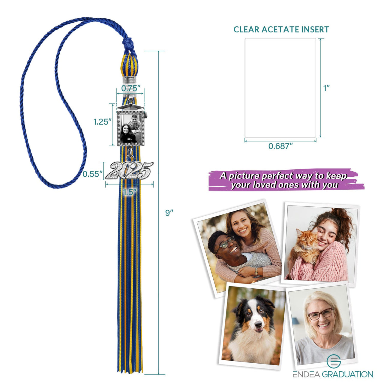 Royal Blue/Gold Tassel with Photo Frame Charm and Year Date Drop - Endea Graduation