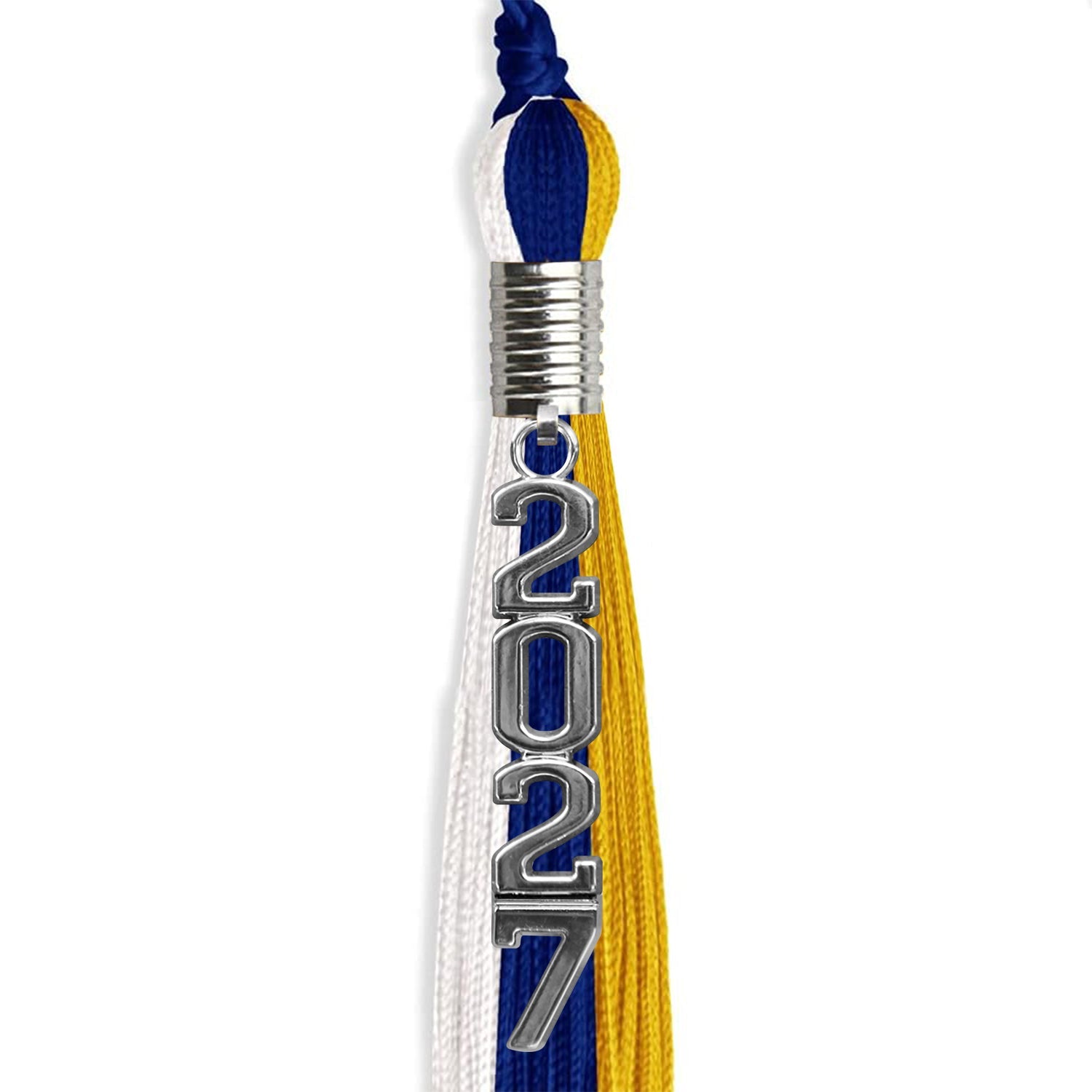 Royal Blue/Gold/White Graduation Tassel with Silver Stacked Date Drop - Endea Graduation