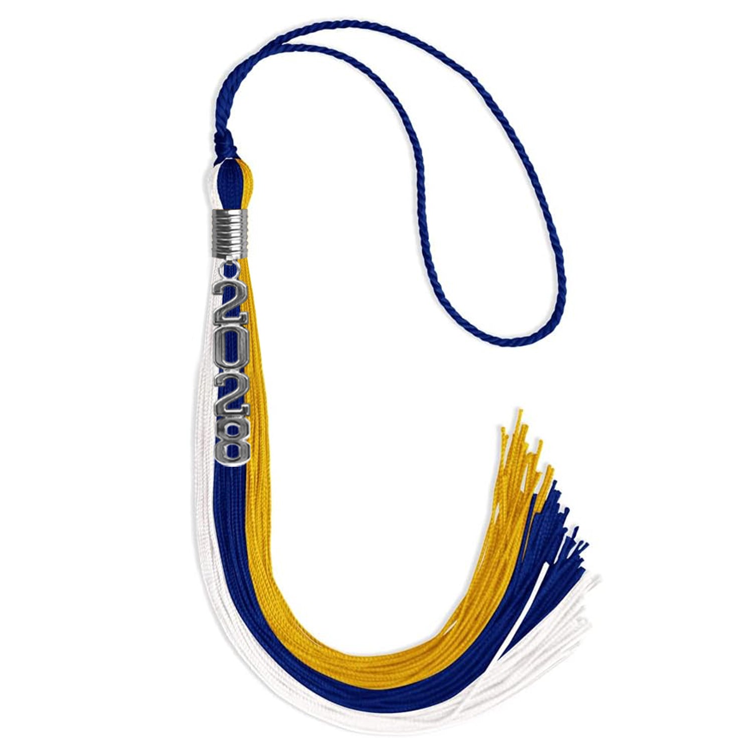 Royal Blue/Gold/White Graduation Tassel with Silver Stacked Date Drop - Endea Graduation