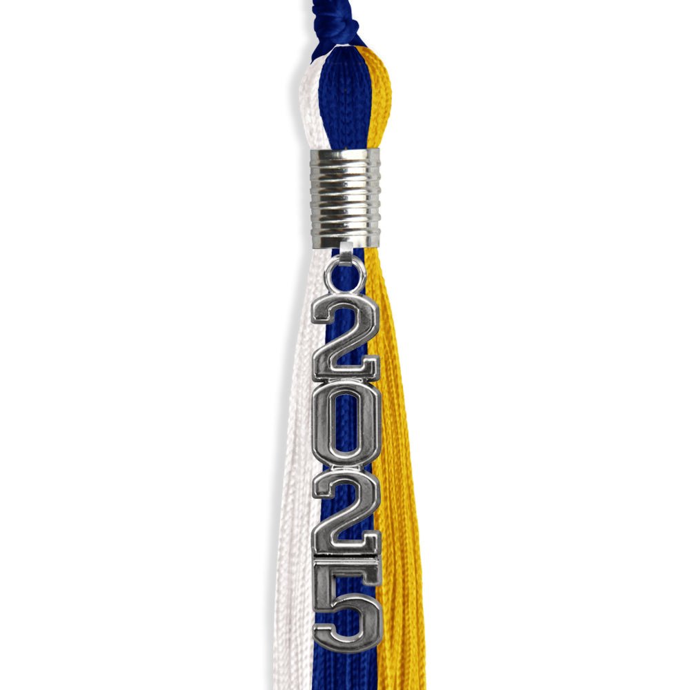 Royal Blue/Gold/White Graduation Tassel with Silver Stacked Date Drop - Endea Graduation