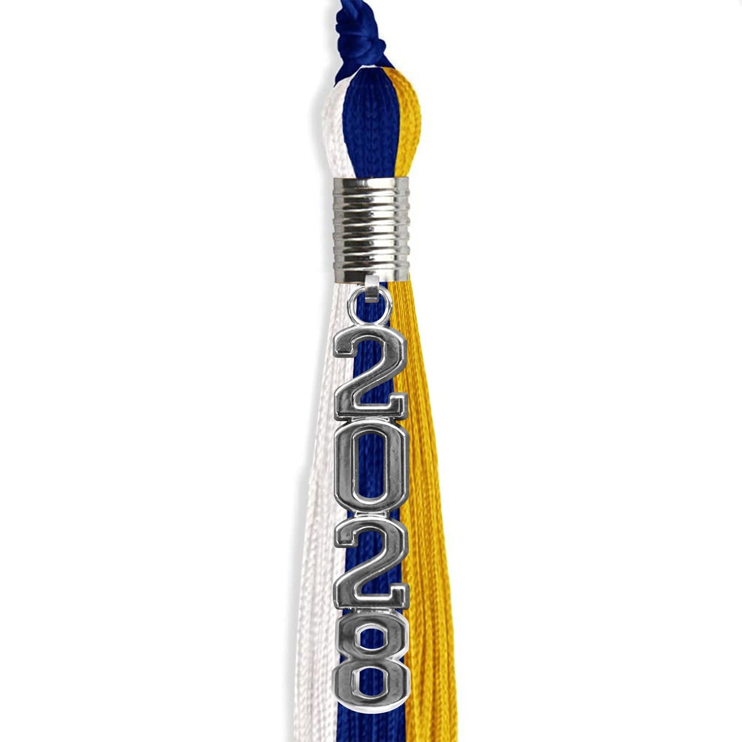 Royal Blue/Gold/White Graduation Tassel with Silver Stacked Date Drop - Endea Graduation