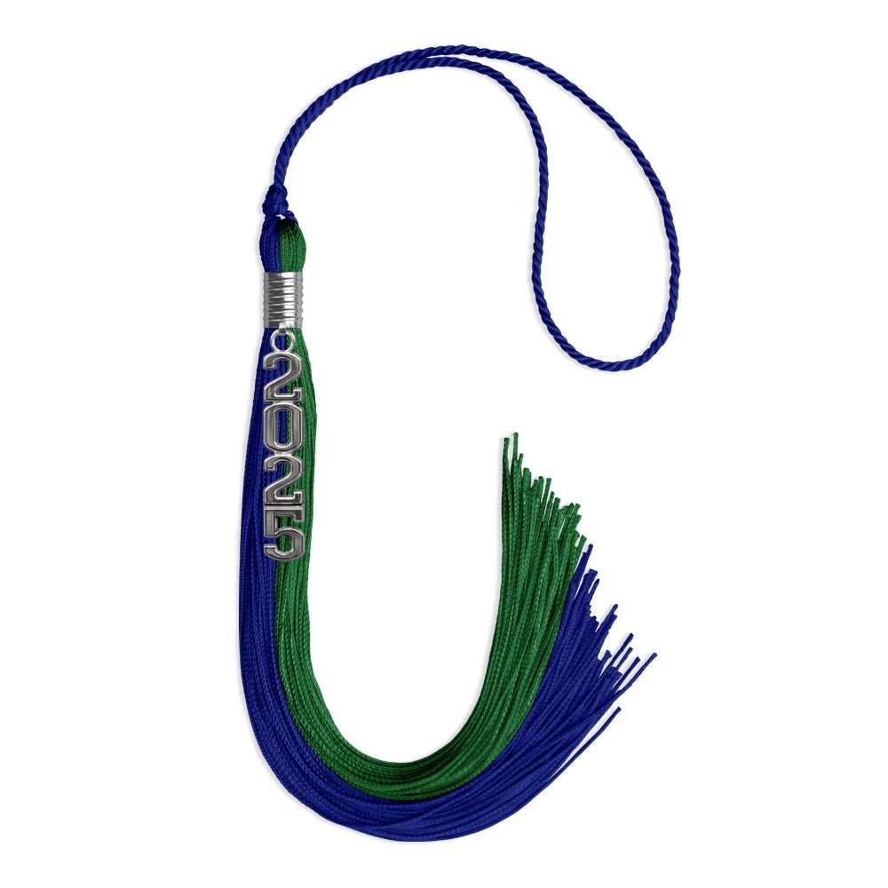 Royal Blue/Green Graduation Tassel with Silver Stacked Date Drop - Endea Graduation