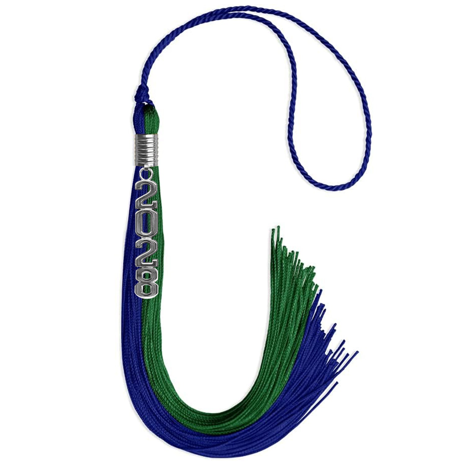 Royal Blue/Green Graduation Tassel with Silver Stacked Date Drop - Endea Graduation