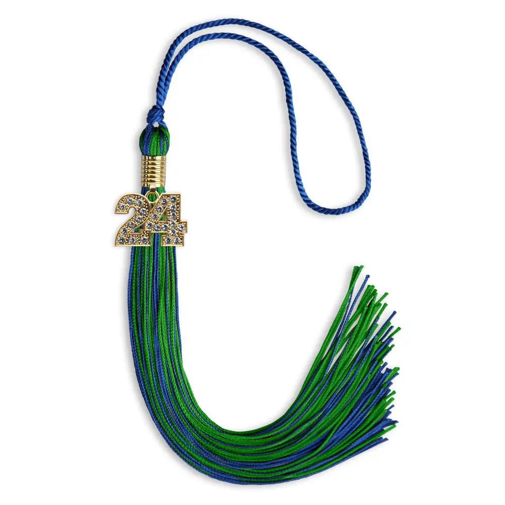 Royal Blue/Green Mixed Color Graduation Tassel with Gold Bling Charm - Endea Graduation