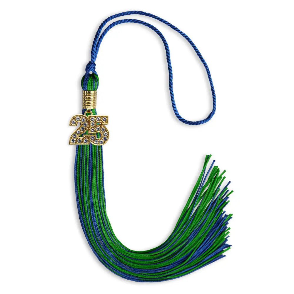 Royal Blue/Green Mixed Color Graduation Tassel with Gold Bling Charm - Endea Graduation