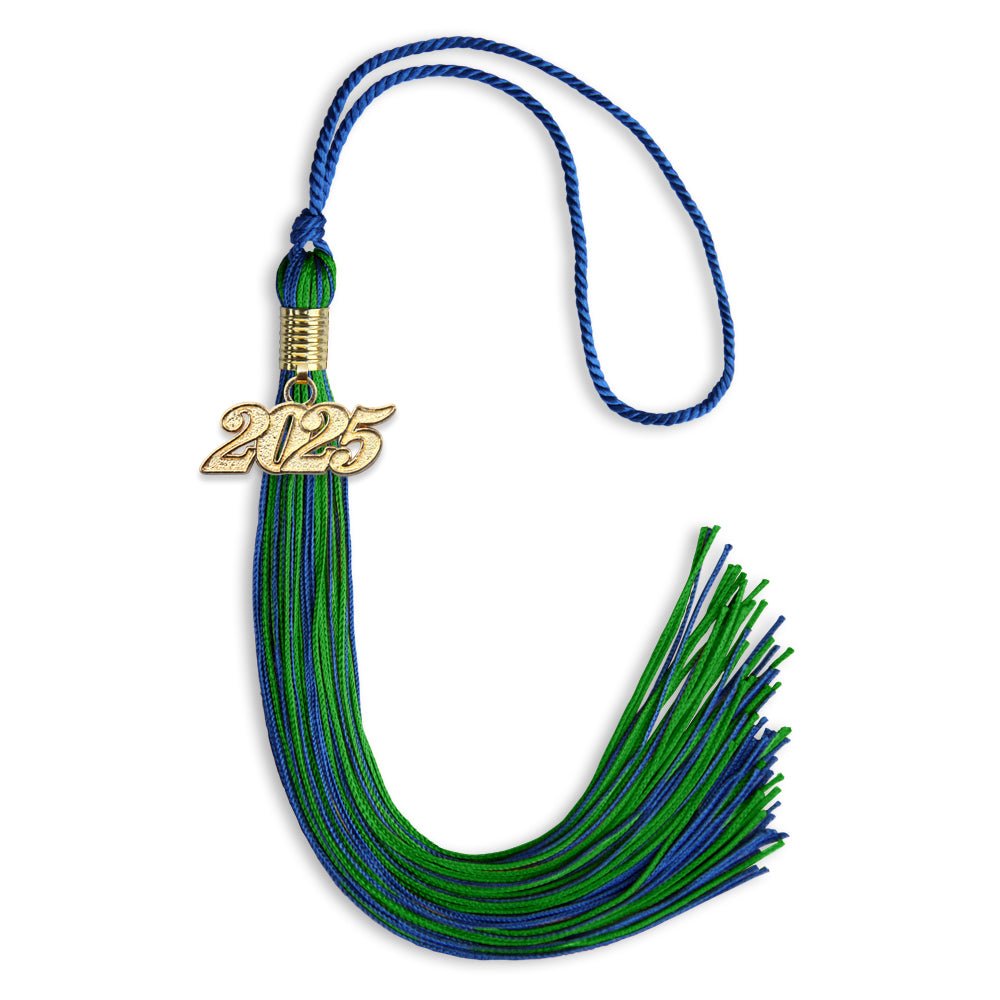 Royal Blue/Green Mixed Color Graduation Tassel with Gold Date Drop - Endea Graduation