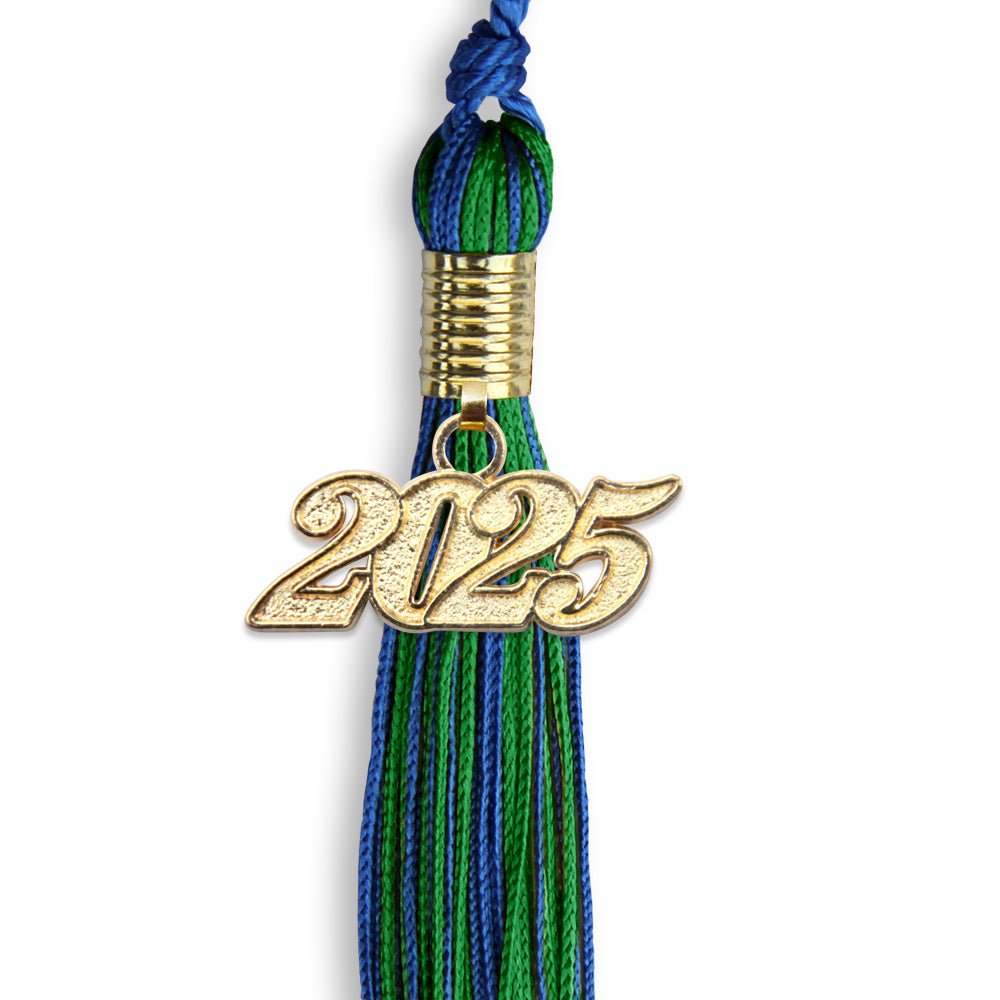 Royal Blue/Green Mixed Color Graduation Tassel with Gold Date Drop - Endea Graduation