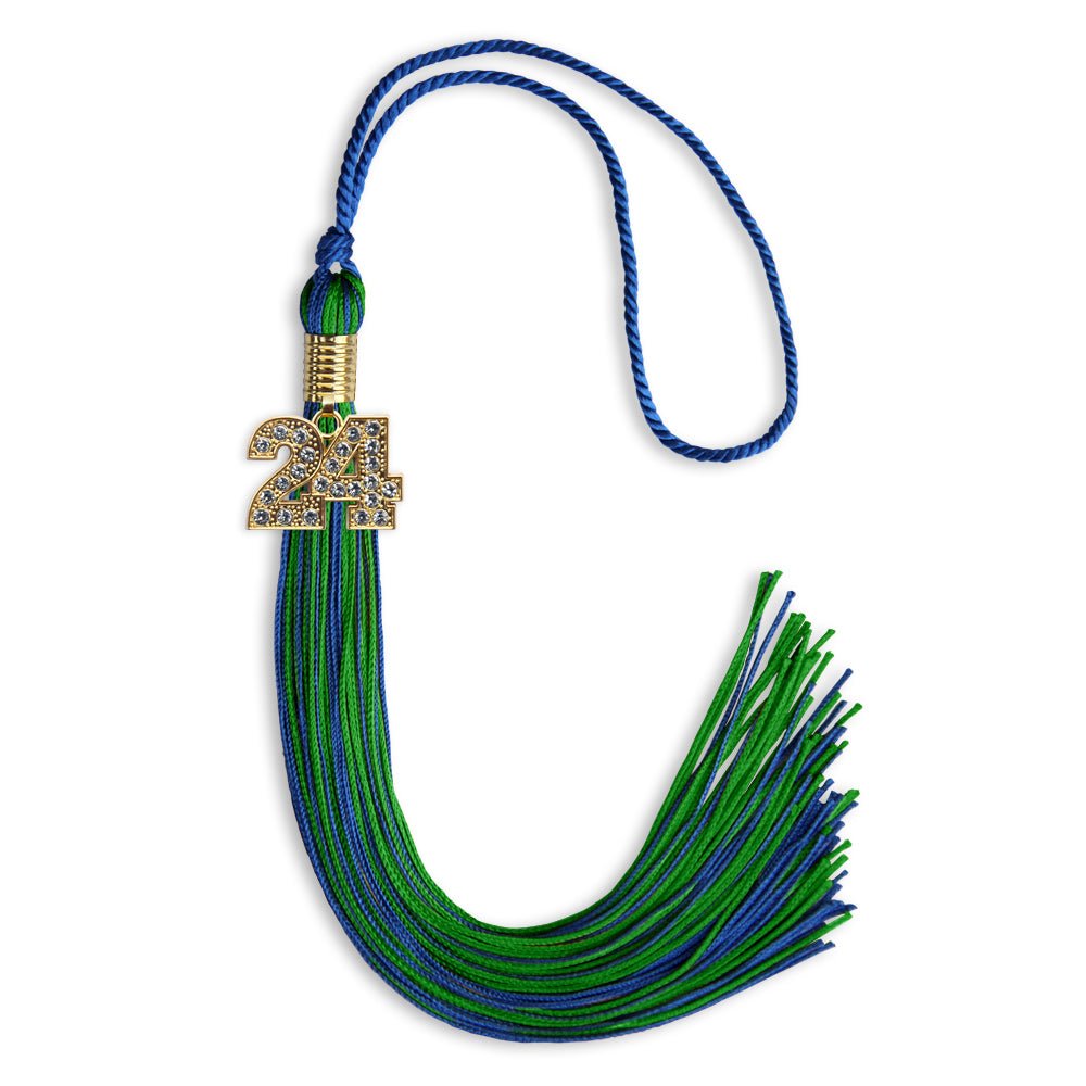 Royal Blue/Green Mixed Color Graduation Tassel with Gold Date Drop - Endea Graduation