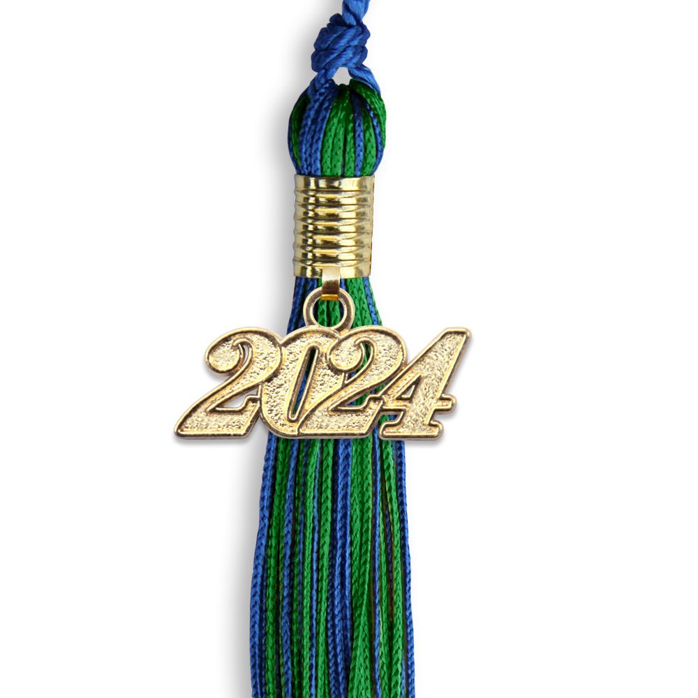 Royal Blue/Green Mixed Color Graduation Tassel with Gold Date Drop - Endea Graduation