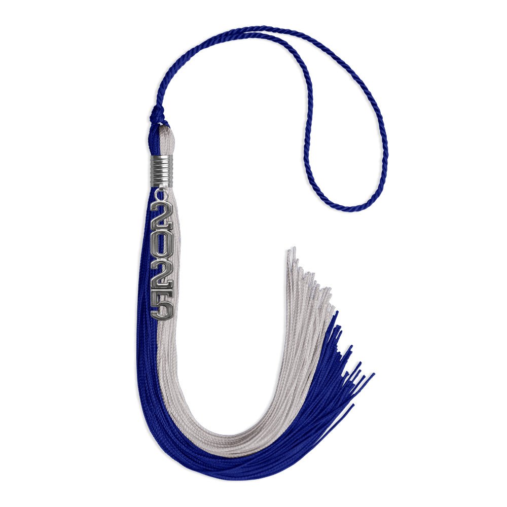 Royal Blue/Grey Graduation Tassel with Silver Stacked Date Drop - Endea Graduation