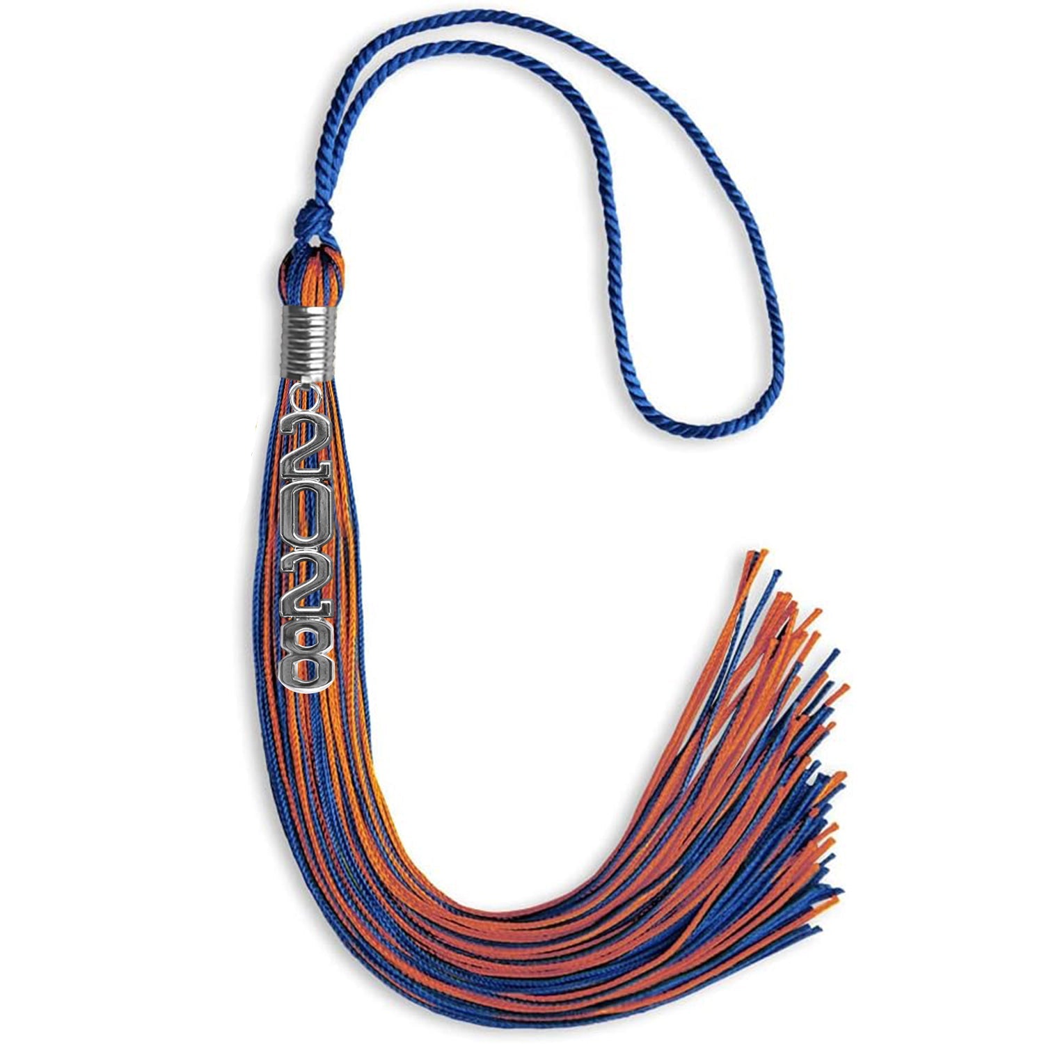 Royal Blue/Orange Mixed Color Graduation Tassel with Stacked Silver Date Drop - Endea Graduation