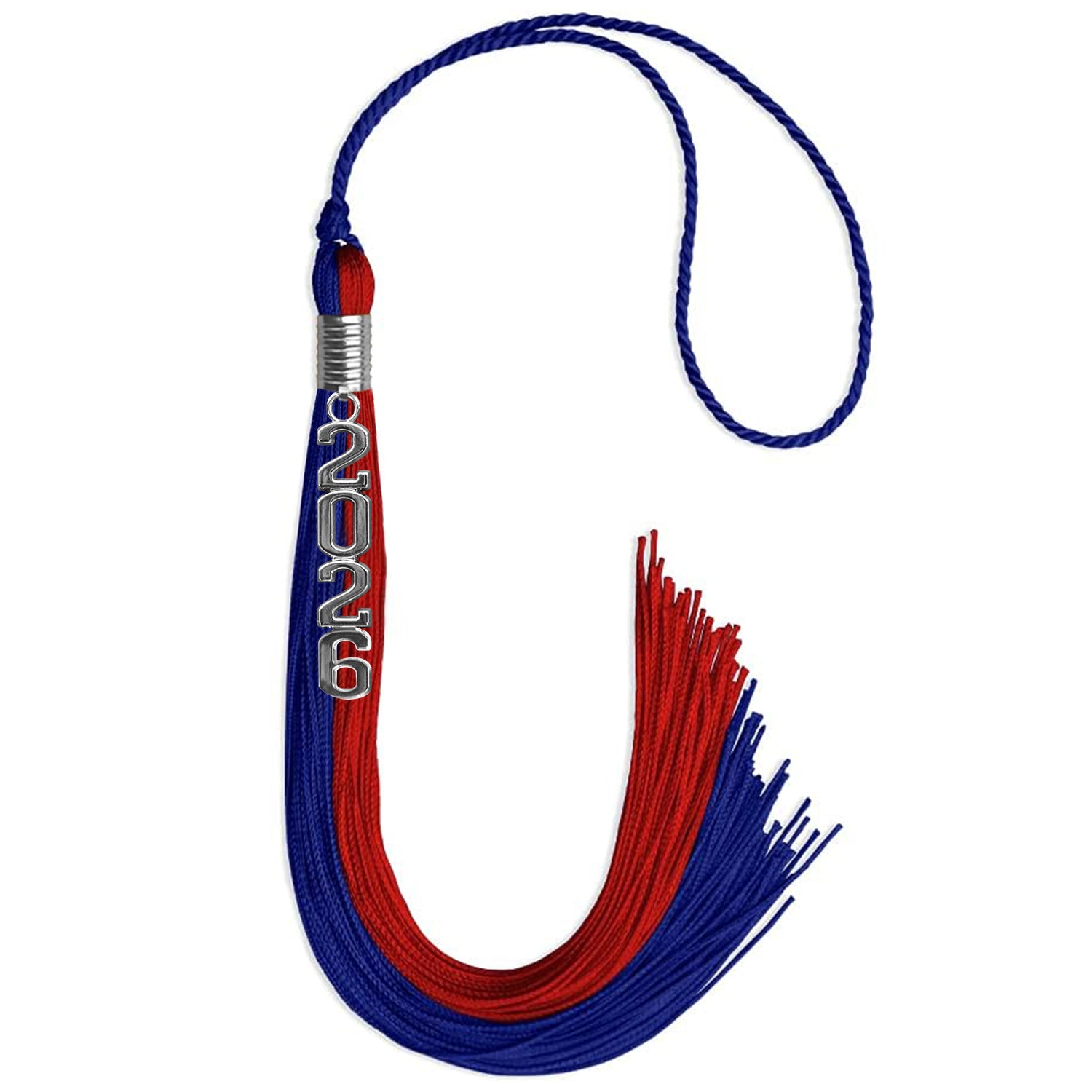 Royal Blue/Red Graduation Tassel with Silver Stacked Date Drop - Endea Graduation