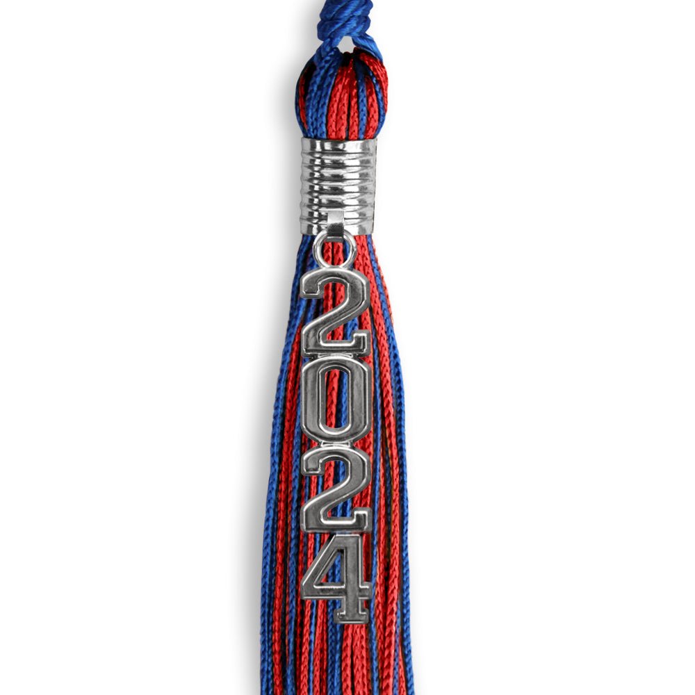 Royal Blue/Red Mixed Color Graduation Tassel with Stacked Silver Date Drop - Endea Graduation