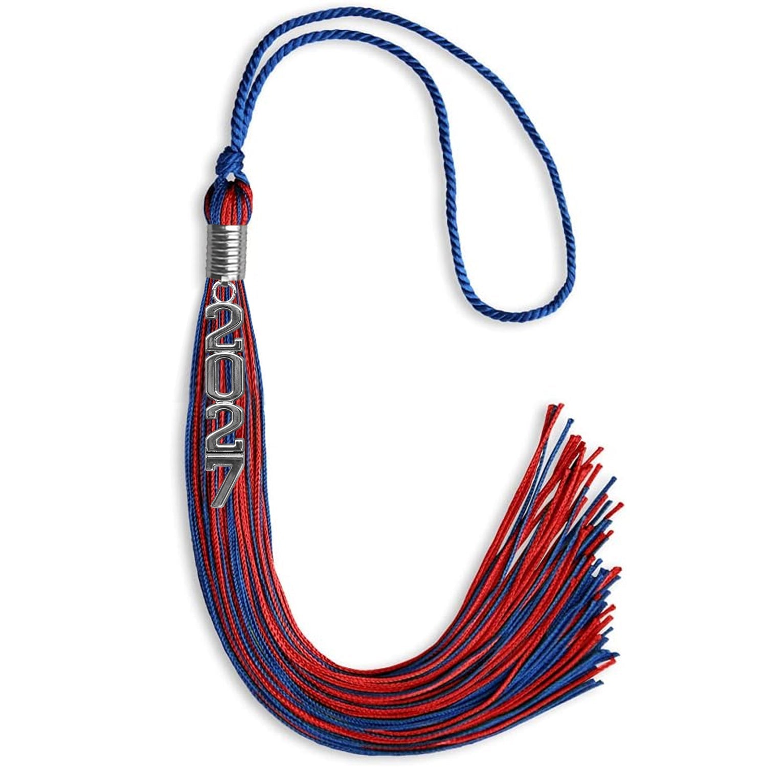 Royal Blue/Red Mixed Color Graduation Tassel with Stacked Silver Date Drop - Endea Graduation