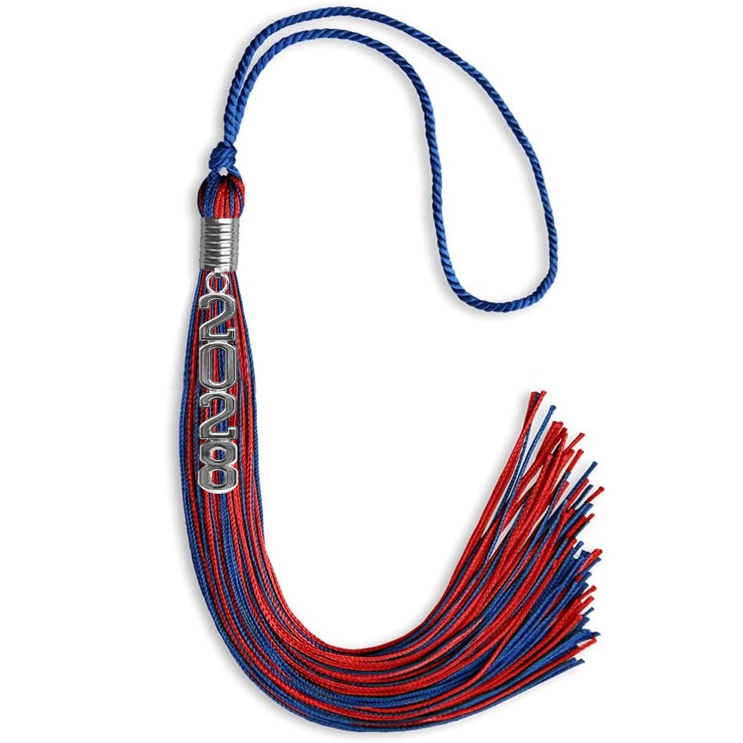 Royal Blue/Red Mixed Color Graduation Tassel with Stacked Silver Date Drop - Endea Graduation