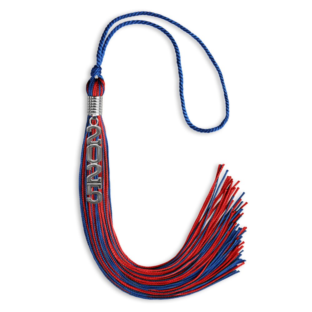 Royal Blue/Red Mixed Color Graduation Tassel with Stacked Silver Date Drop - Endea Graduation