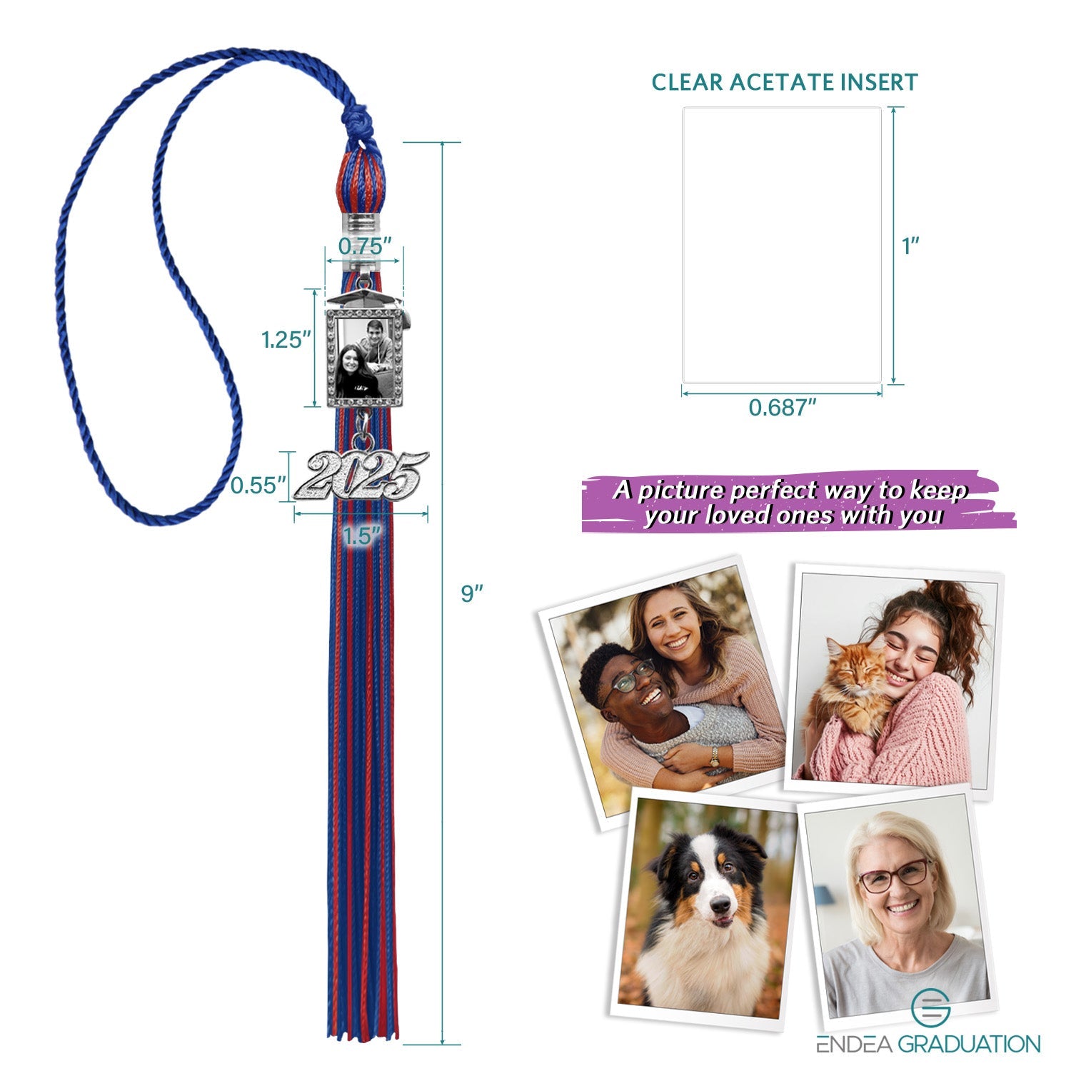 Royal Blue/Red Tassel with Photo Frame Charm and Year Date Drop - Endea Graduation