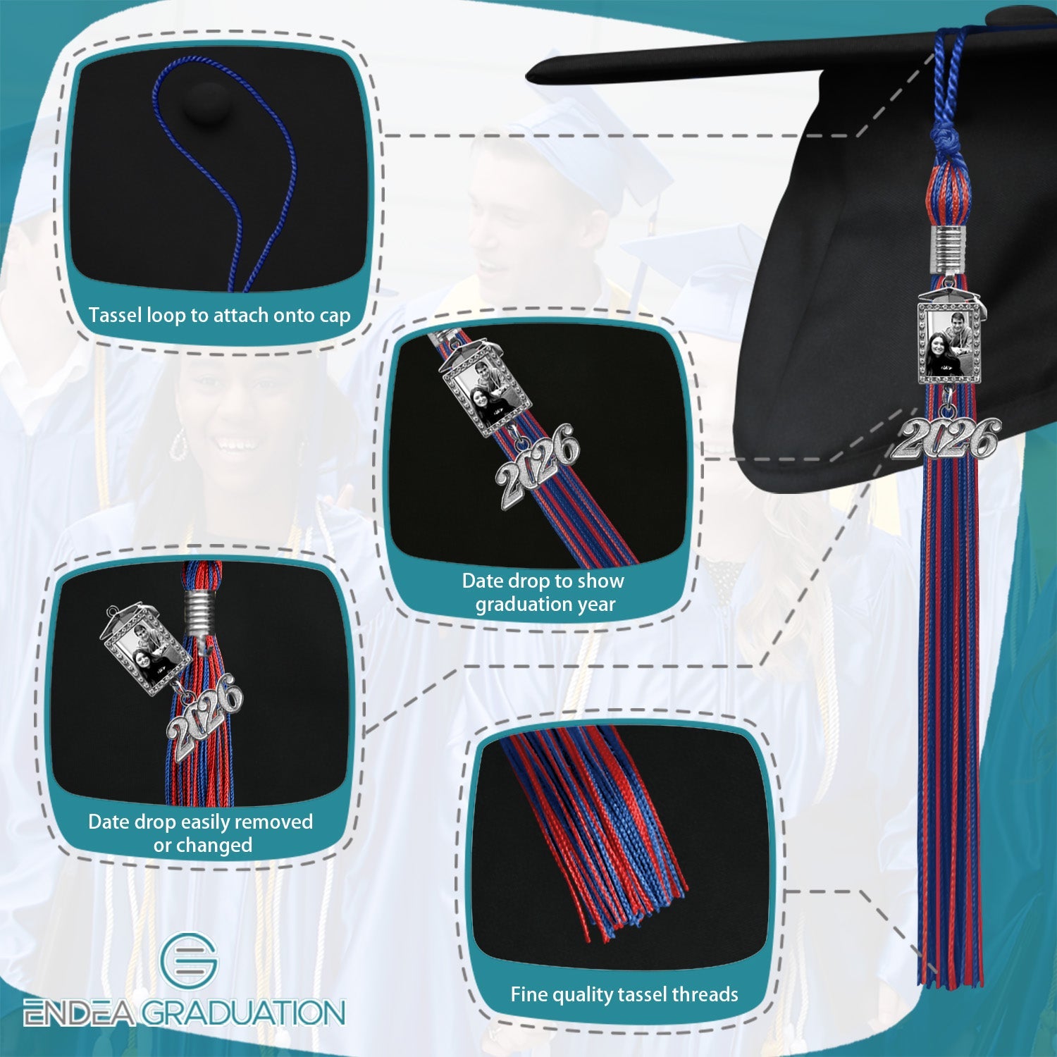Royal Blue/Red Tassel with Photo Frame Charm and Year Date Drop - Endea Graduation