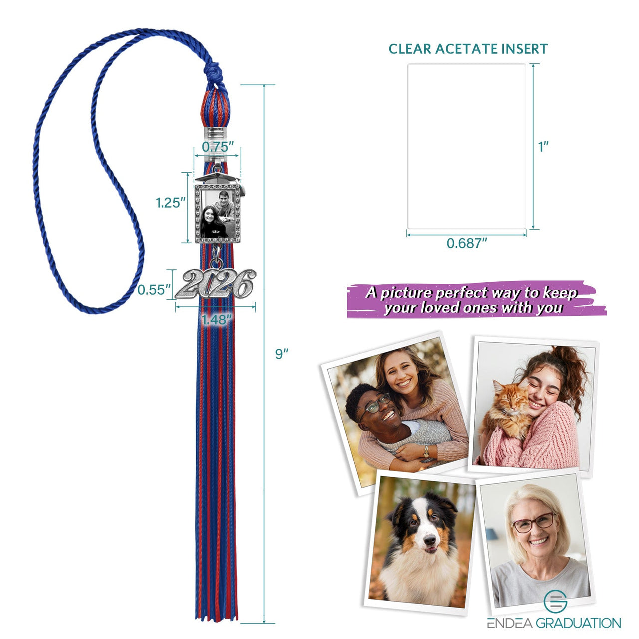 Royal Blue/Red Tassel with Photo Frame Charm and Year Date Drop - Endea Graduation